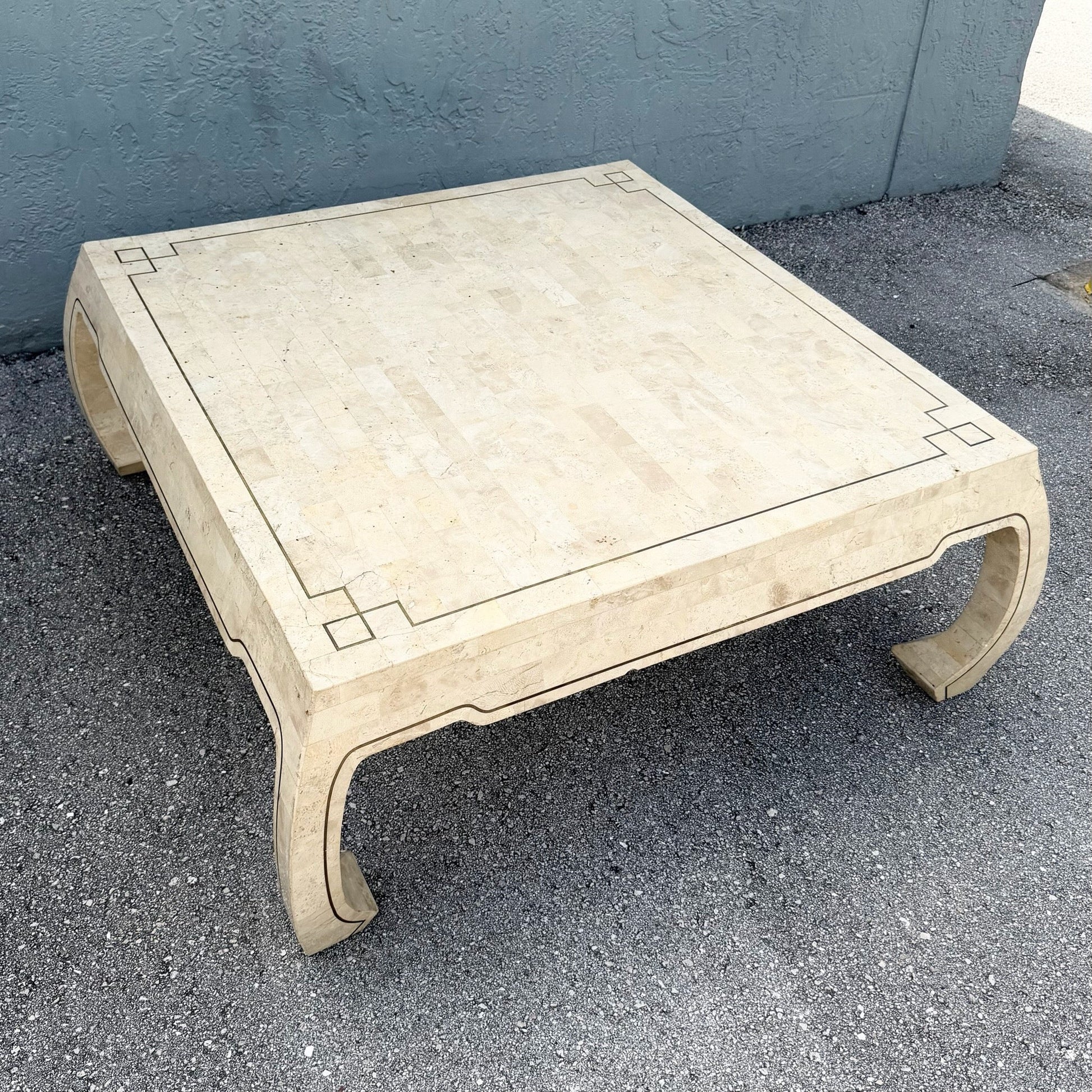 Vintage Ming Style Tessellated Stone Coffee Table With Brass Inlay Dolphin & Flamingo