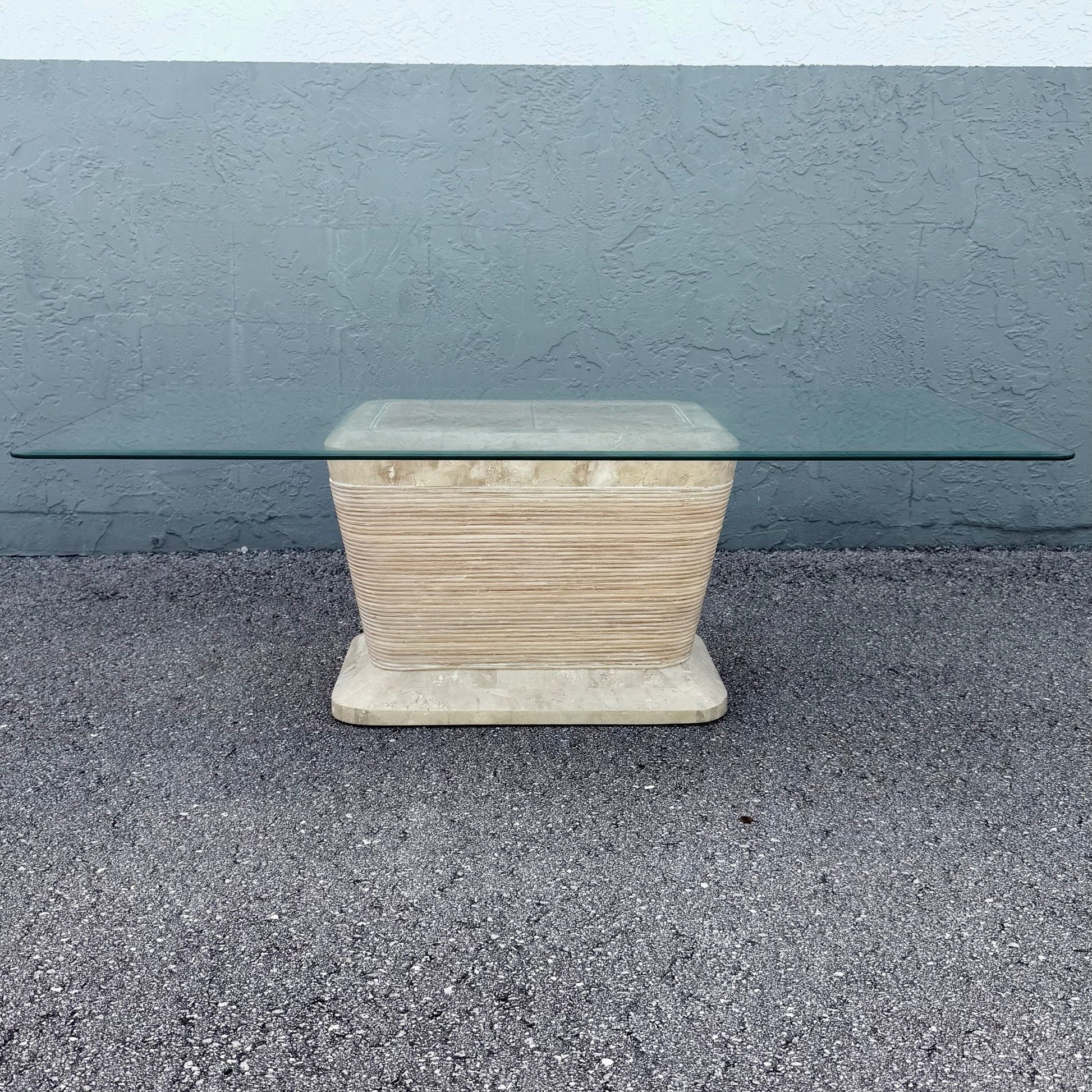 Postmodern Tessellated Stone Penciled Glass Top Coffee Table Dolphin & Flamingo
