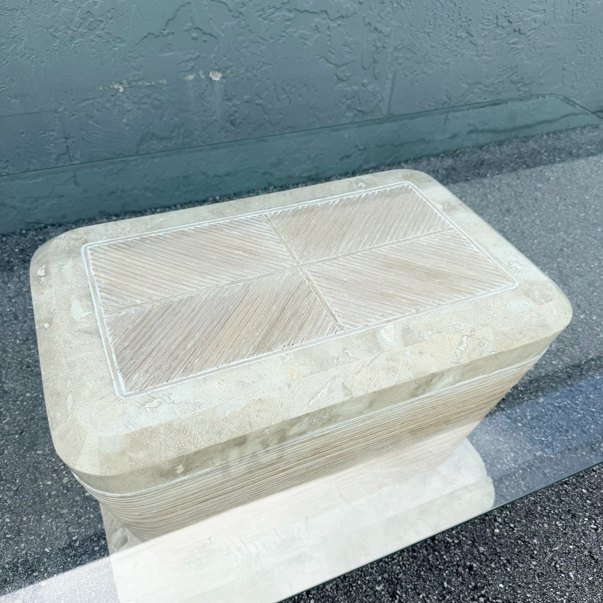 Postmodern Tessellated Stone Penciled Glass Top Coffee Table Dolphin & Flamingo