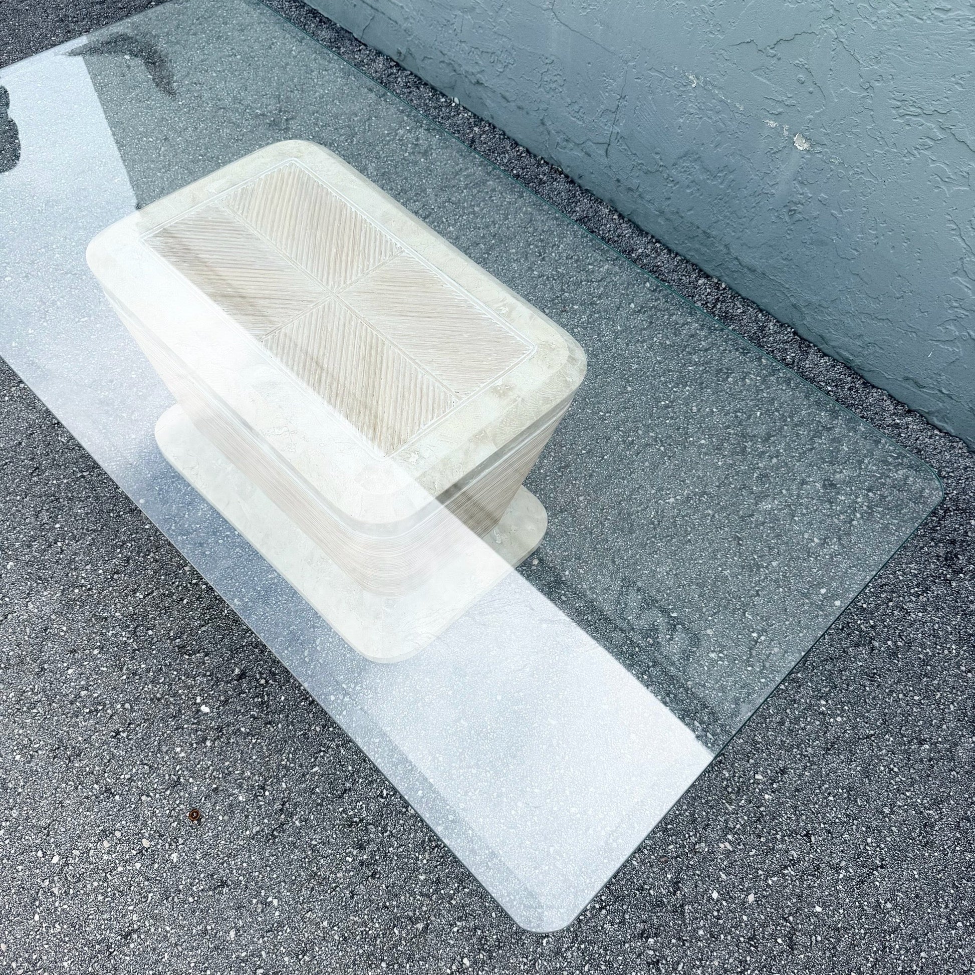 Postmodern Tessellated Stone Penciled Glass Top Coffee Table Dolphin & Flamingo