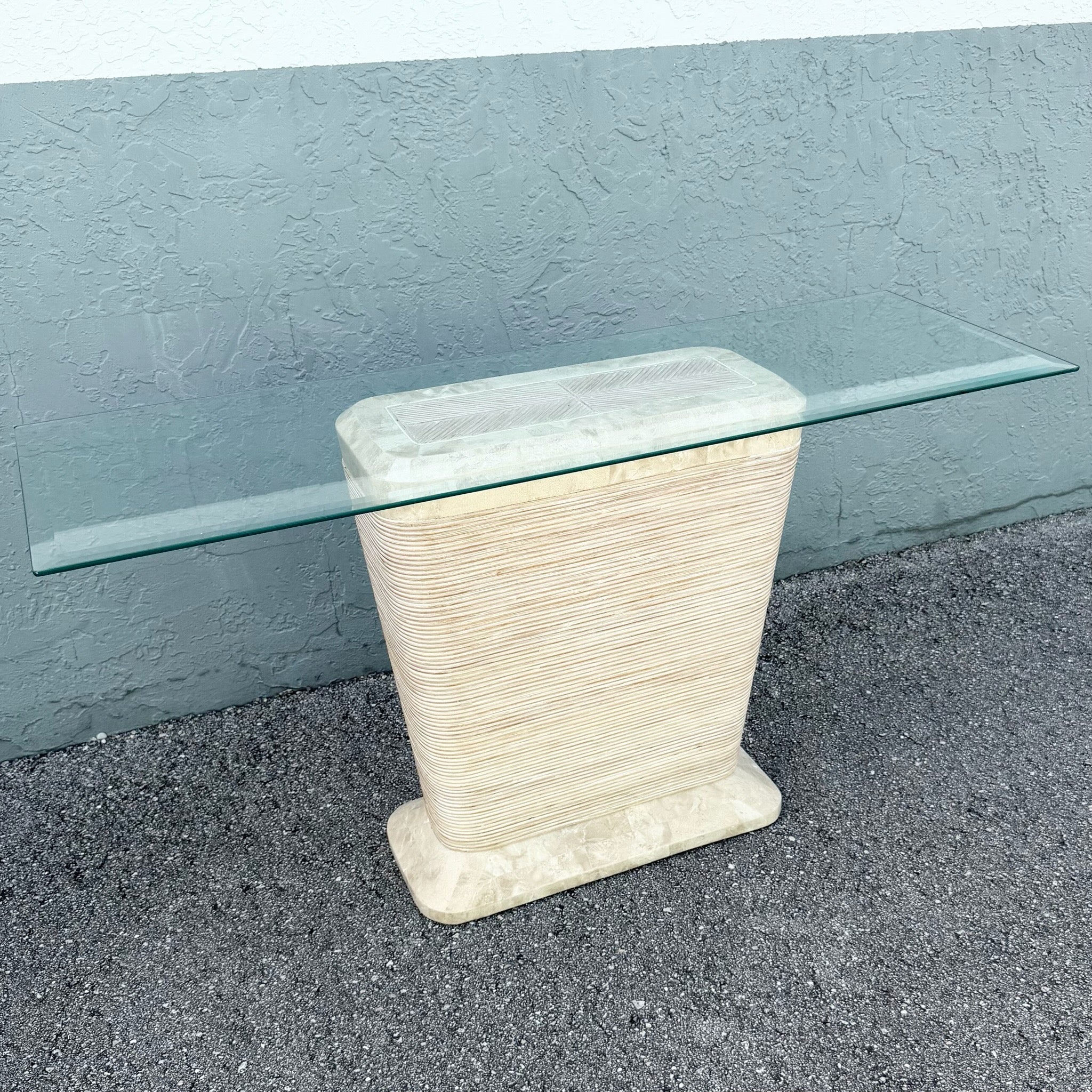 Postmodern Tessellated Stone Penciled Glass Top Console Table Dolphin & Flamingo