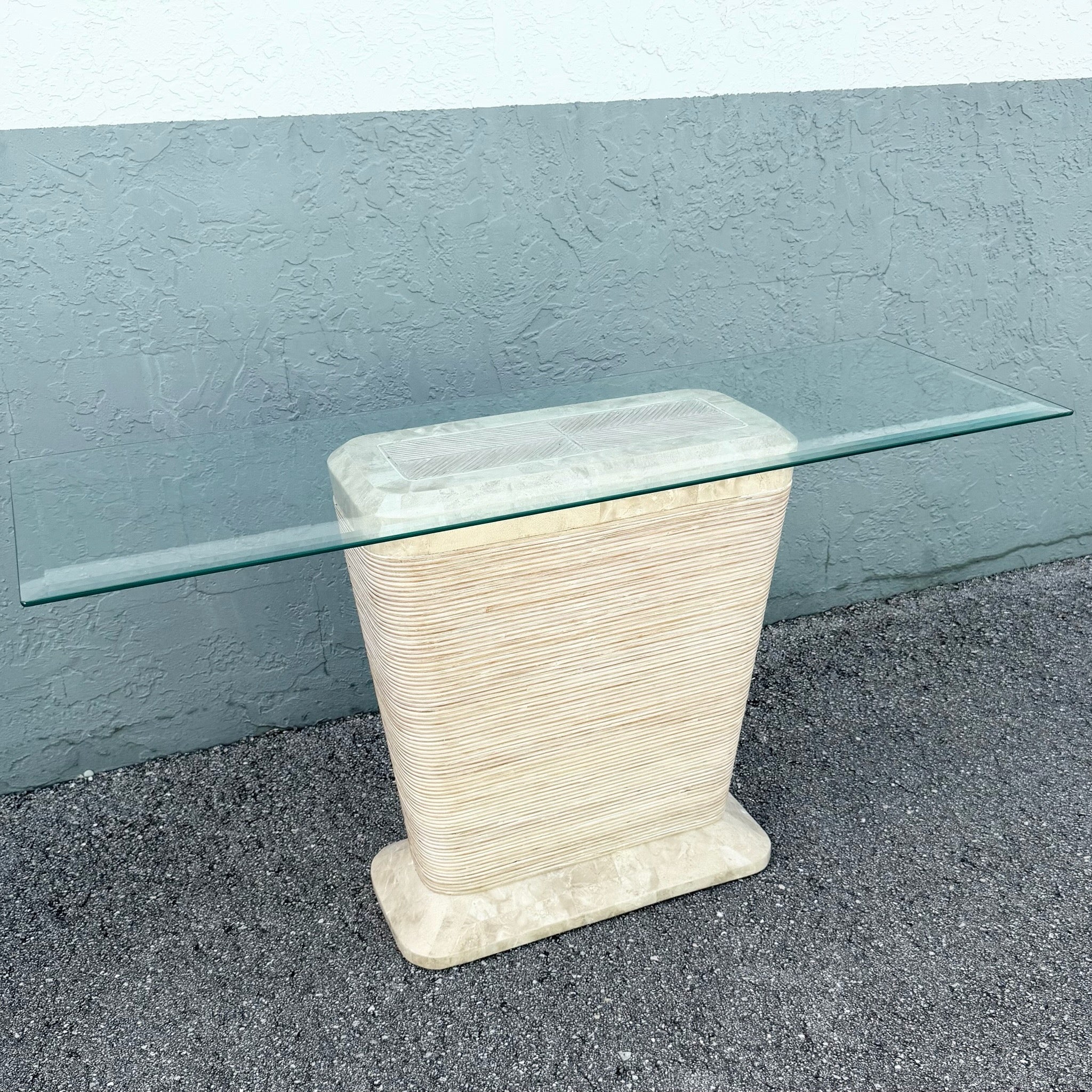 Postmodern Tessellated Stone Penciled Glass Top Console Table Dolphin & Flamingo