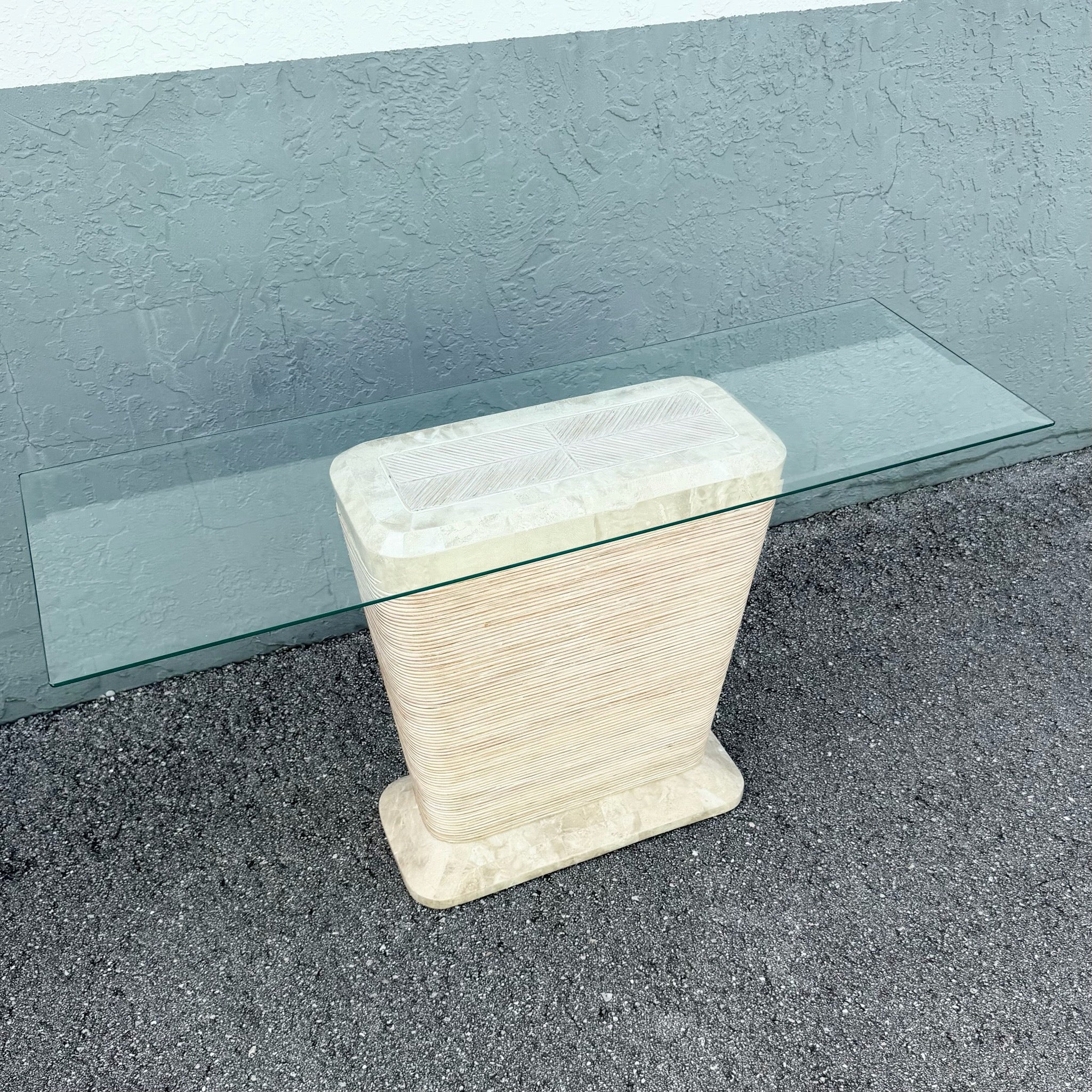Postmodern Tessellated Stone Penciled Glass Top Console Table Dolphin & Flamingo