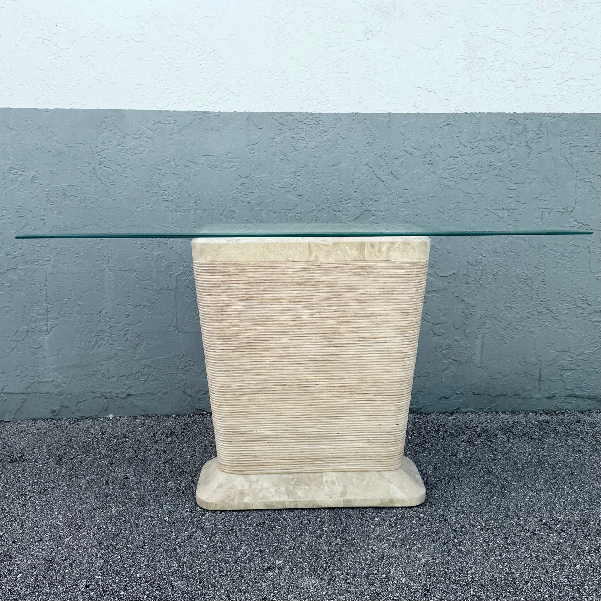 Postmodern Tessellated Stone Penciled Glass Top Console Table Dolphin & Flamingo