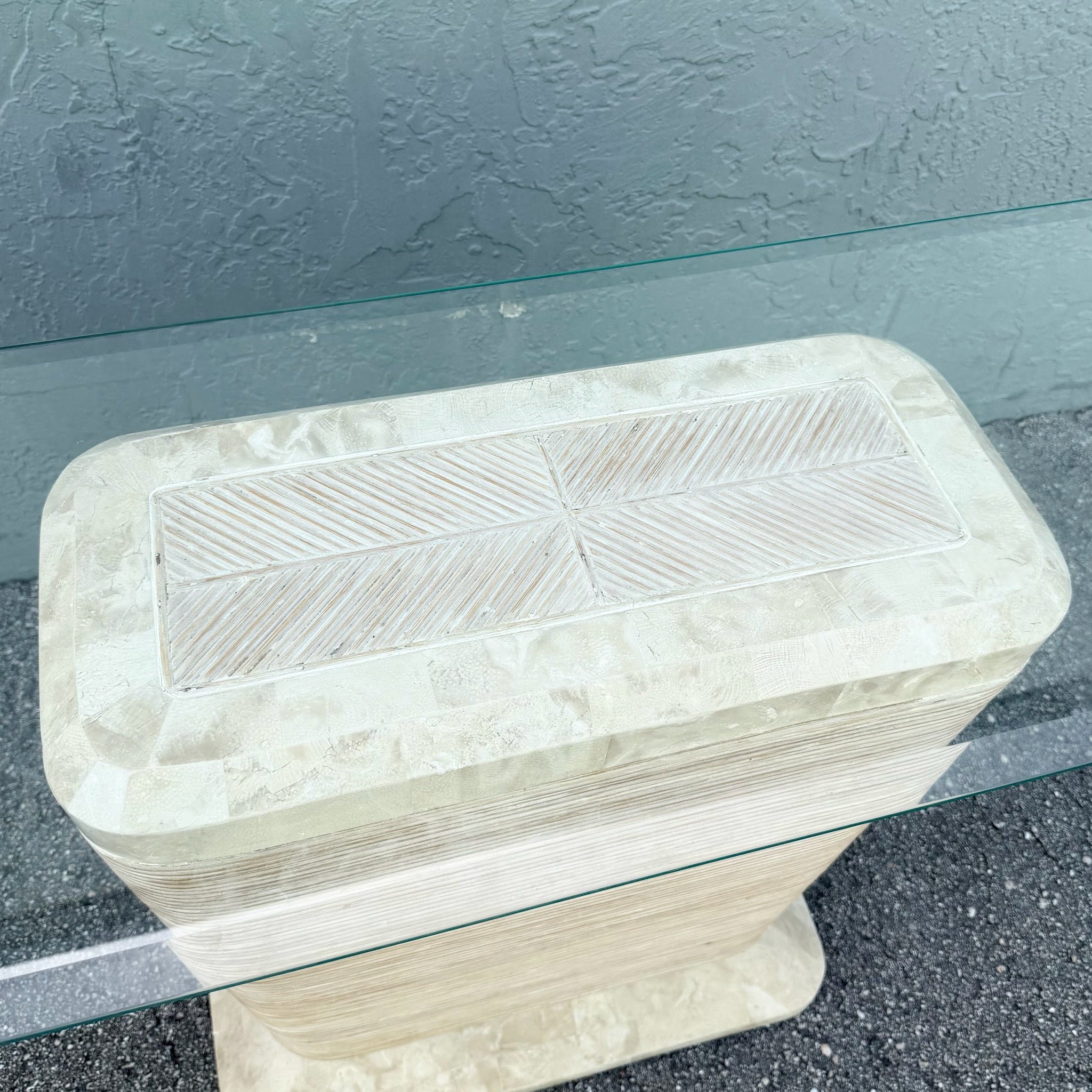 Postmodern Tessellated Stone Penciled Glass Top Console Table Dolphin & Flamingo