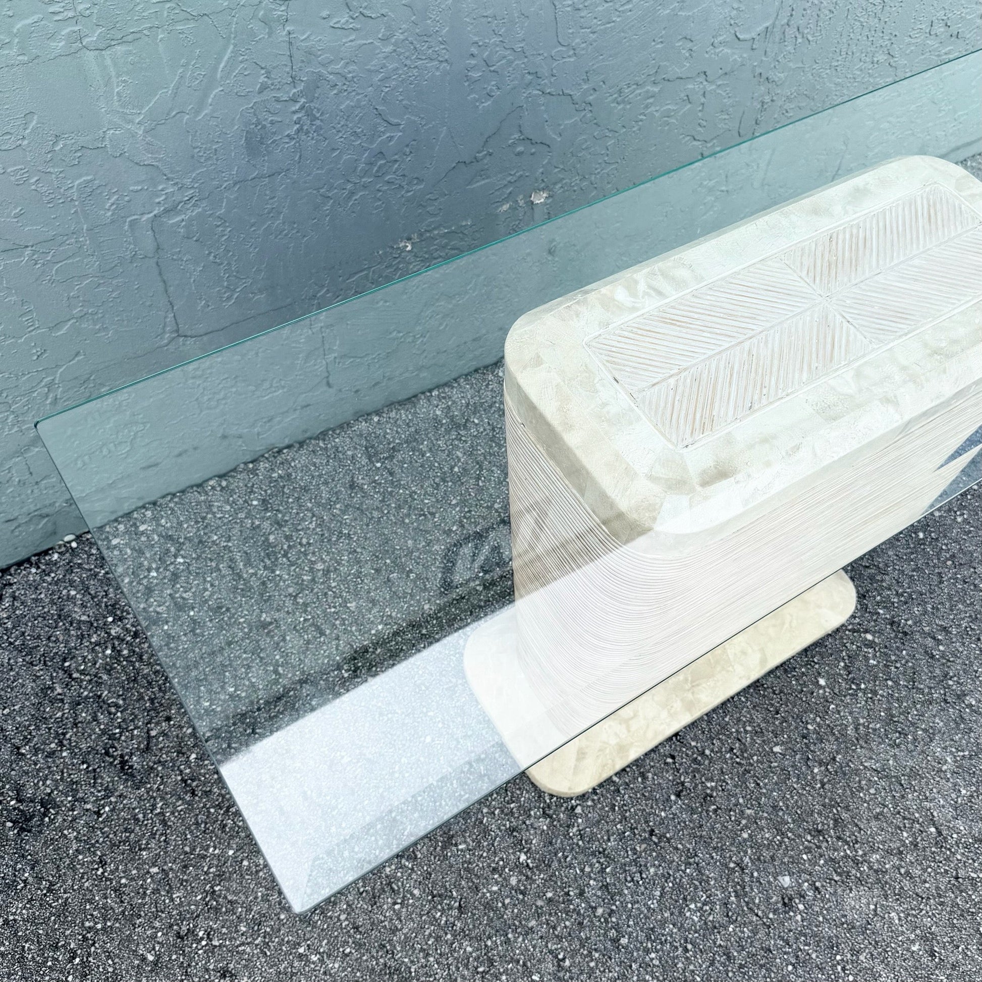 Postmodern Tessellated Stone Penciled Glass Top Console Table Dolphin & Flamingo