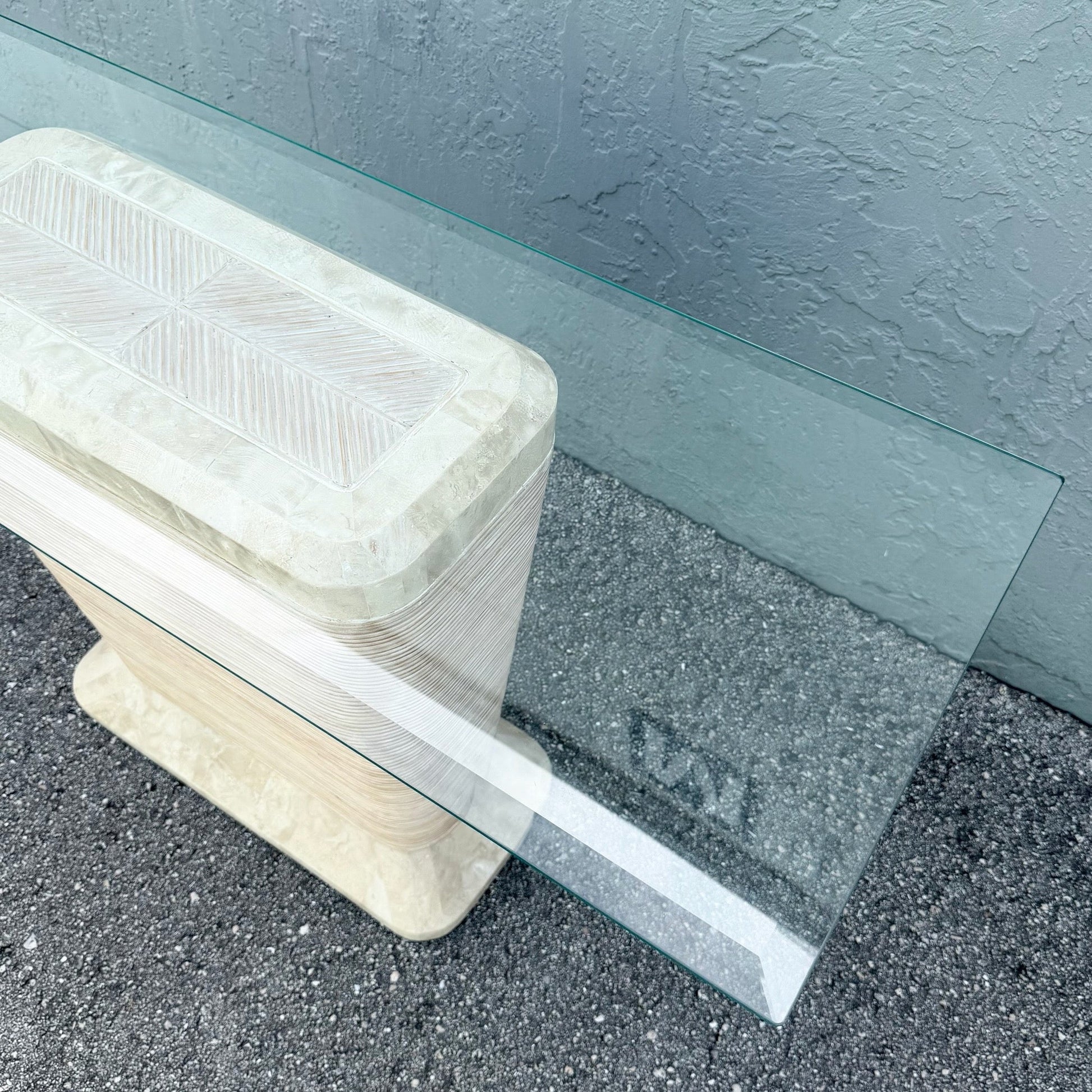 Postmodern Tessellated Stone Penciled Glass Top Console Table Dolphin & Flamingo