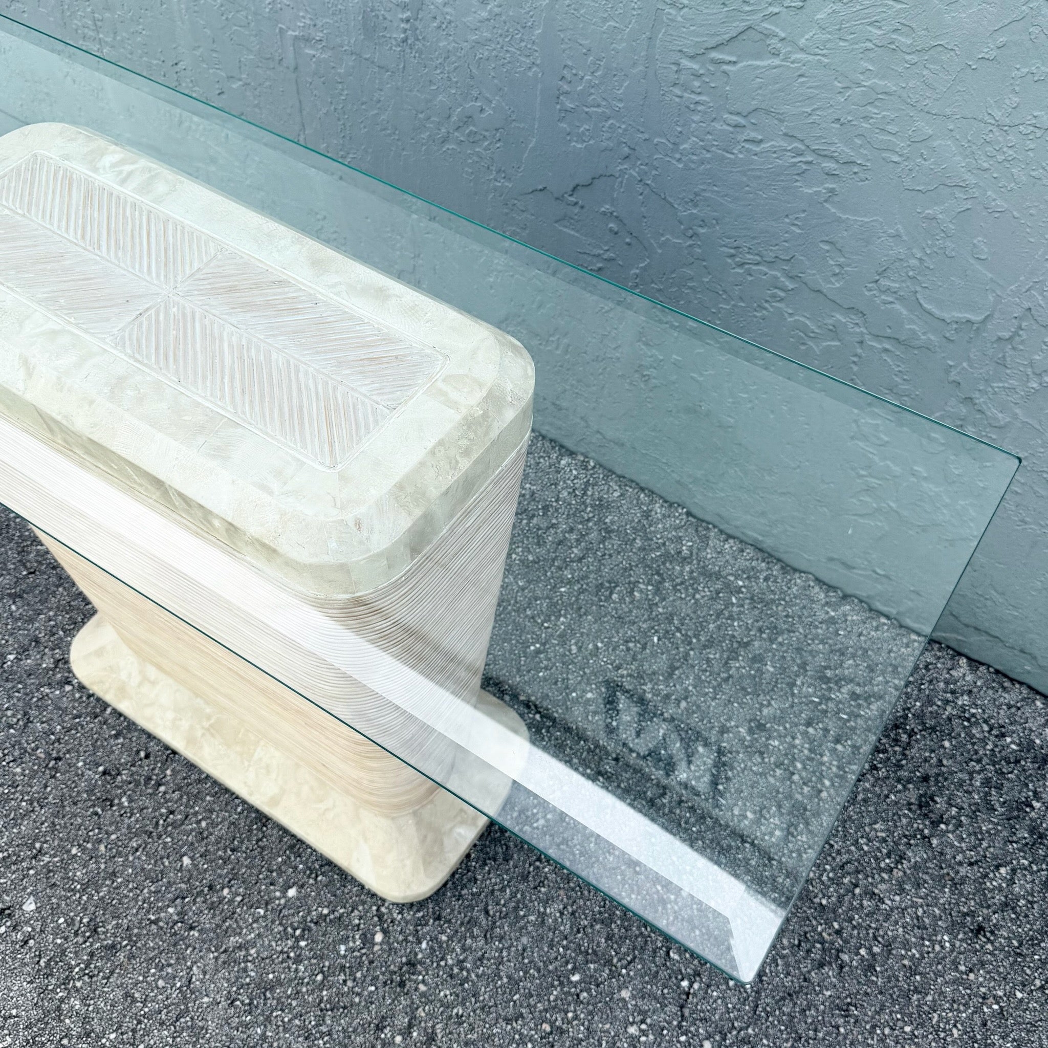 Postmodern Tessellated Stone Penciled Glass Top Console Table Dolphin & Flamingo