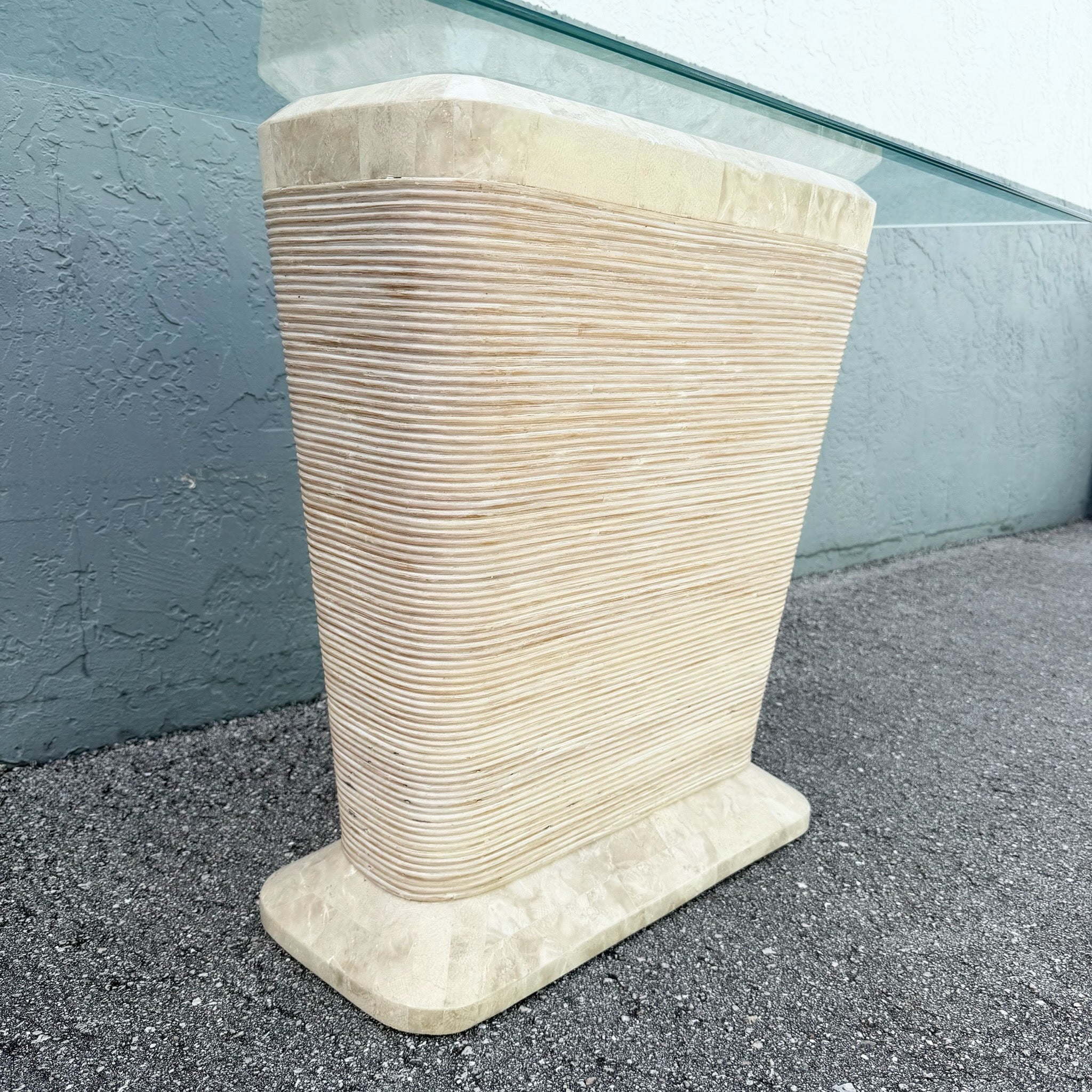 Postmodern Tessellated Stone Penciled Glass Top Console Table Dolphin & Flamingo