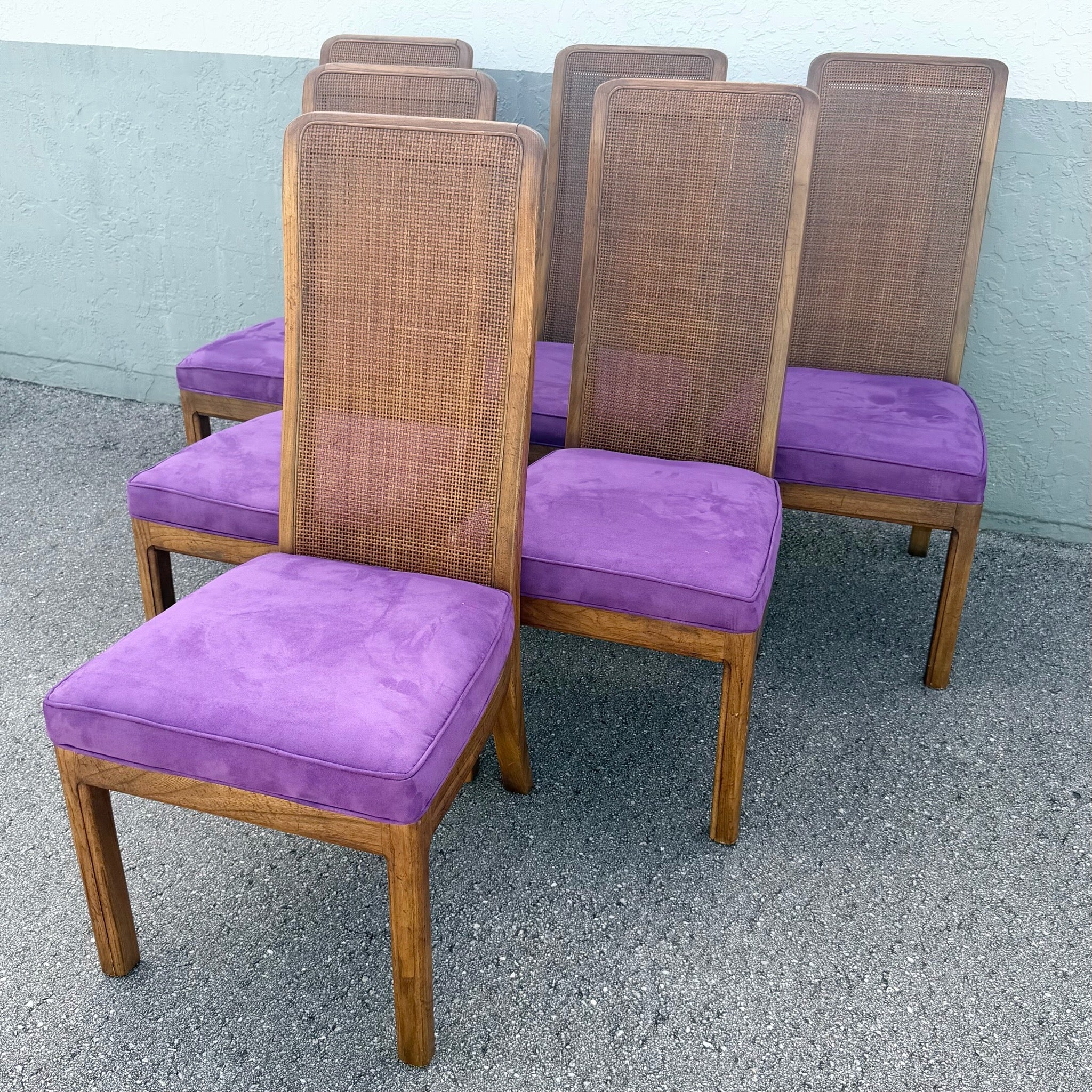 Mid Century Modern Cane Back Wooden Purple Dining Chairs Dolphin & Flamingo
