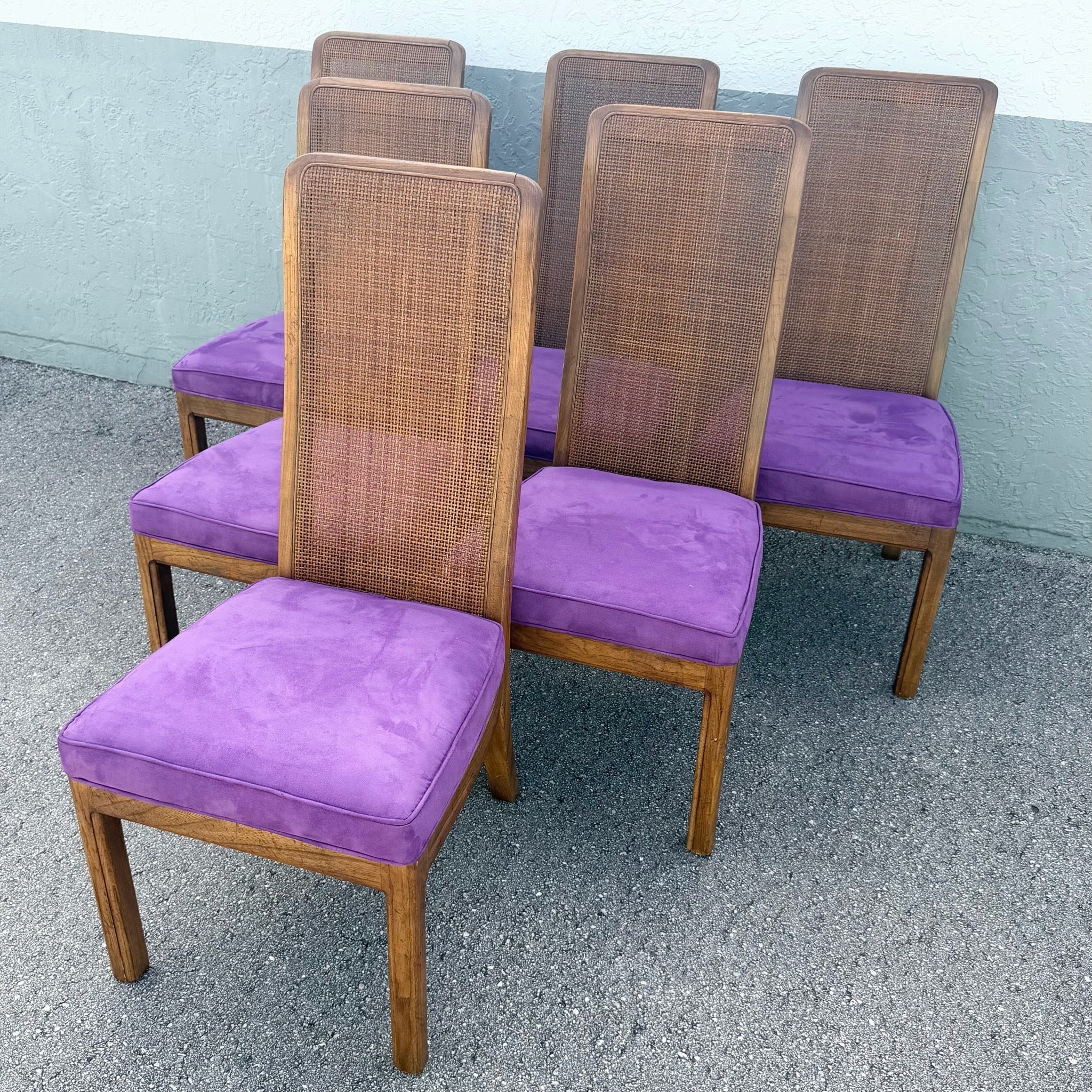 Mid Century Modern Cane Back Wooden Purple Dining Chairs Dolphin & Flamingo
