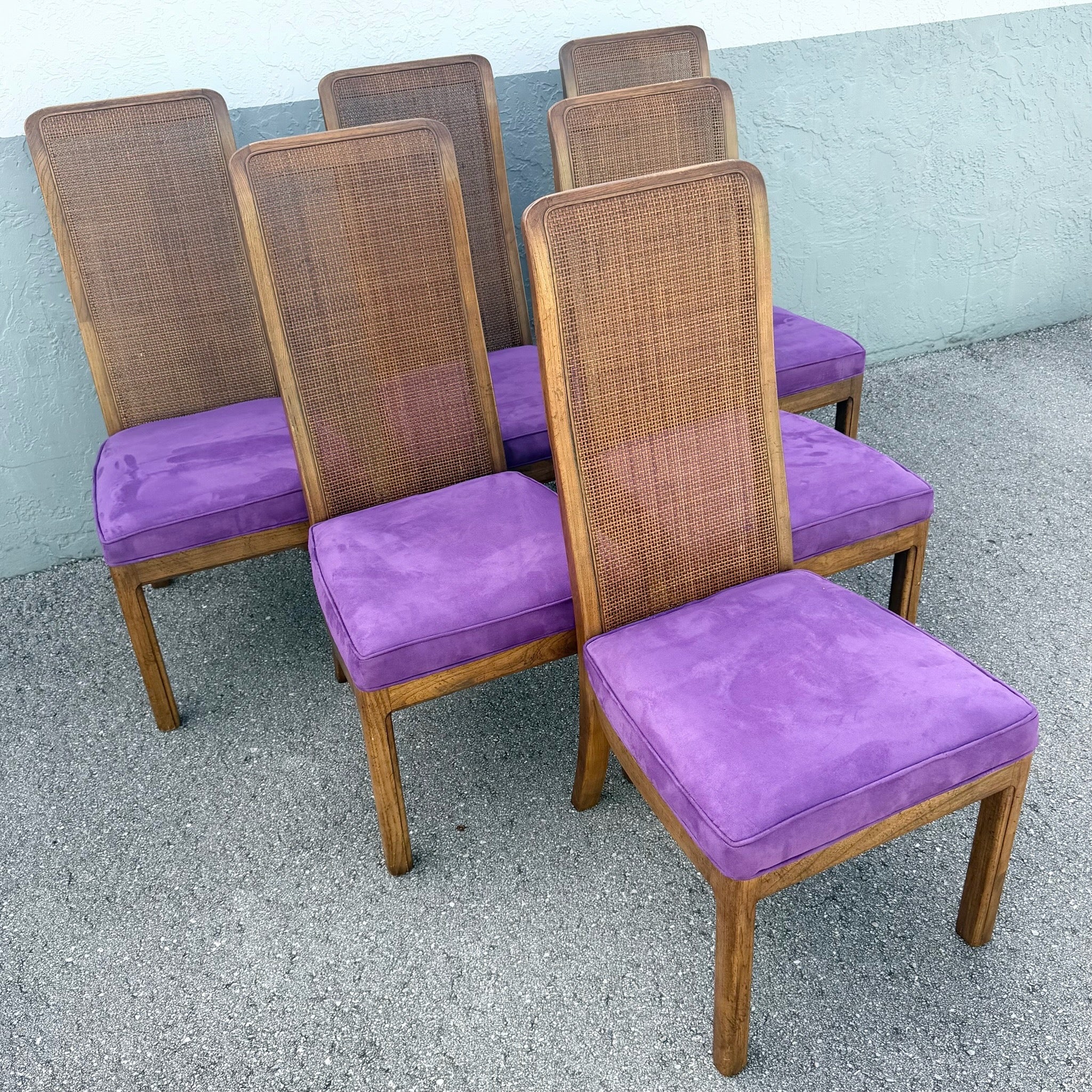 Mid Century Modern Cane Back Wooden Purple Dining Chairs Dolphin & Flamingo