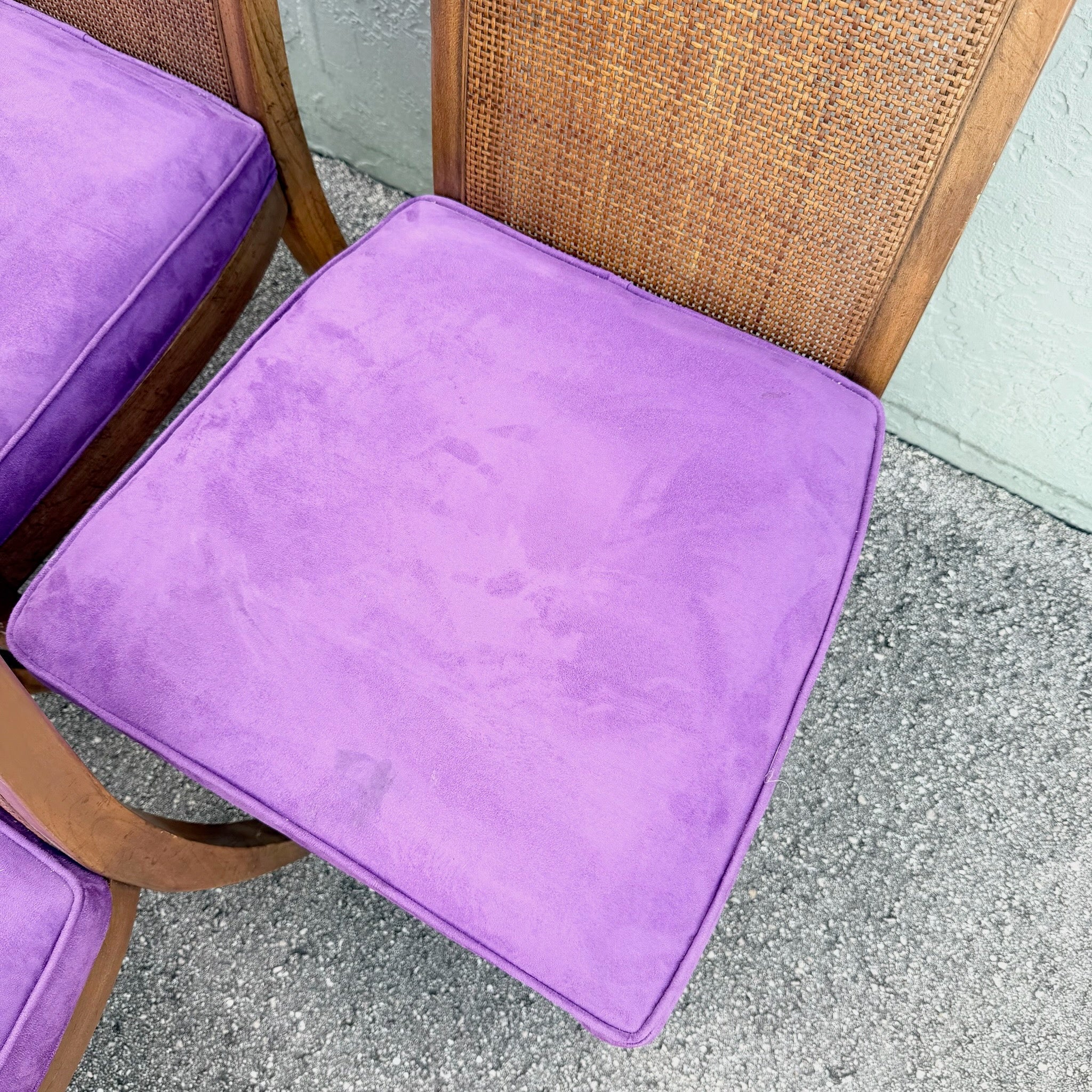 Mid Century Modern Cane Back Wooden Purple Dining Chairs Dolphin & Flamingo