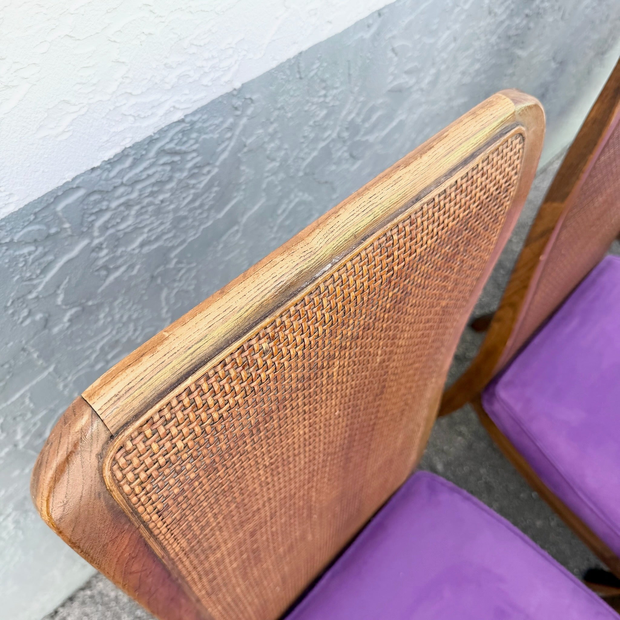 Mid Century Modern Cane Back Wooden Purple Dining Chairs Dolphin & Flamingo