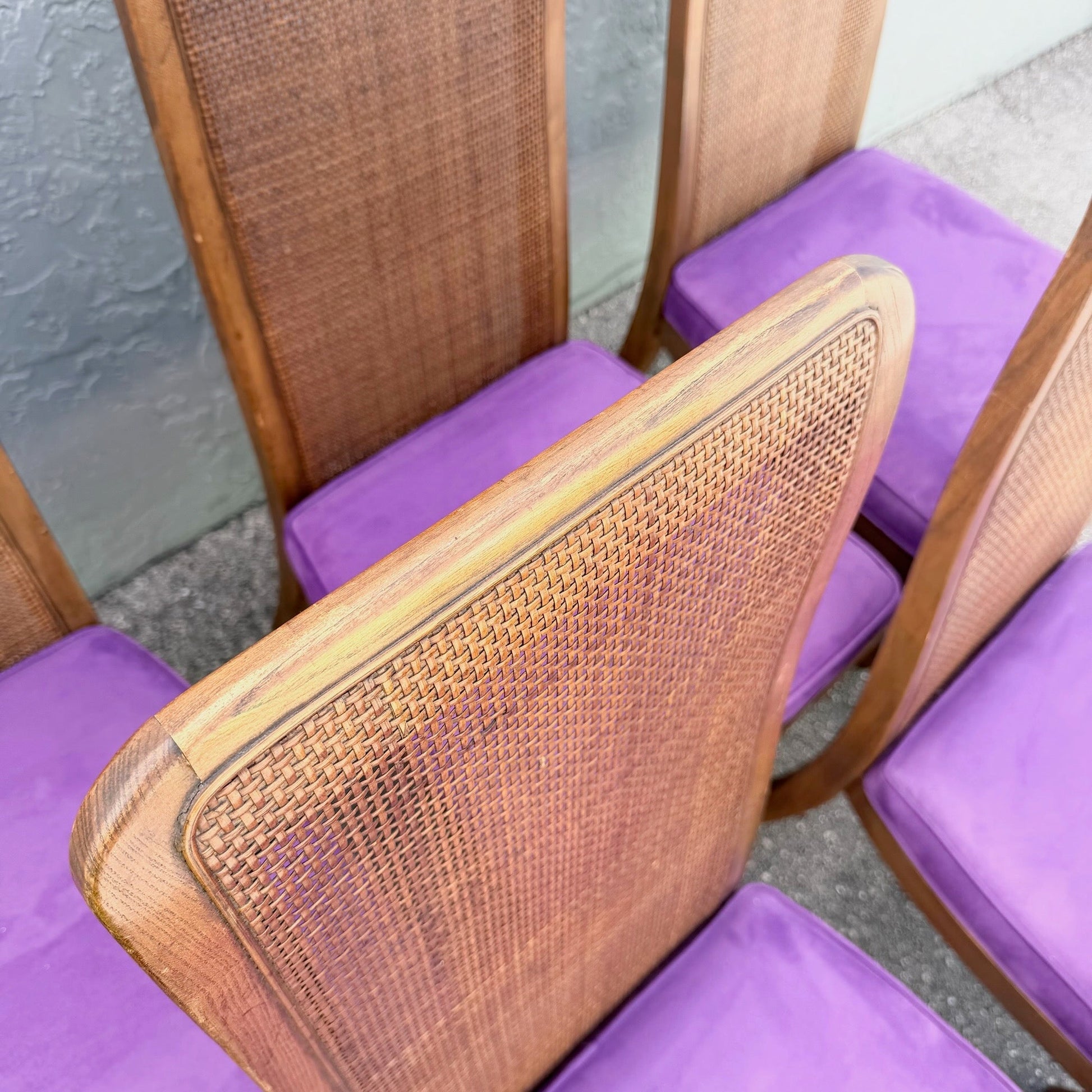 Mid Century Modern Cane Back Wooden Purple Dining Chairs Dolphin & Flamingo