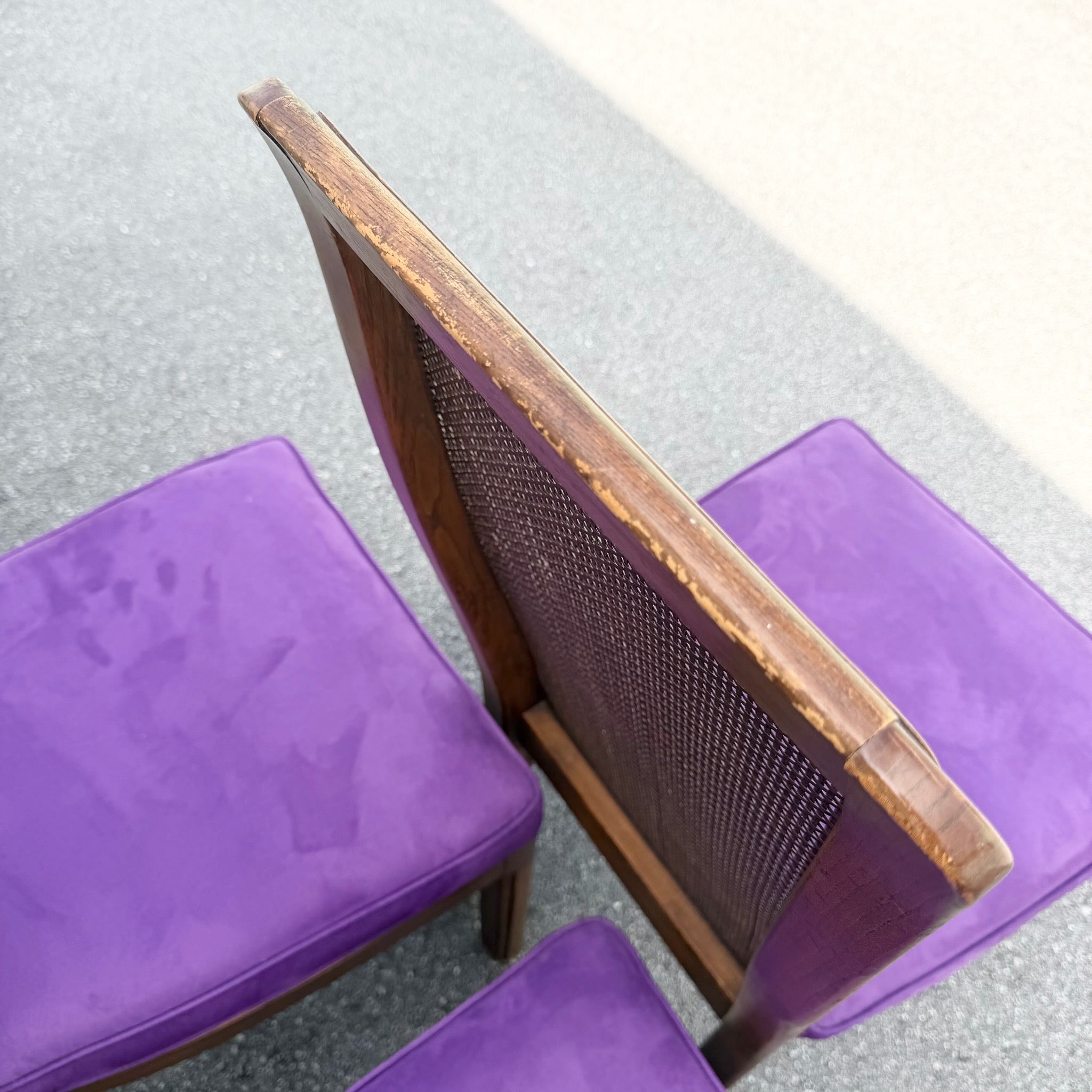 Mid Century Modern Cane Back Wooden Purple Dining Chairs Dolphin & Flamingo