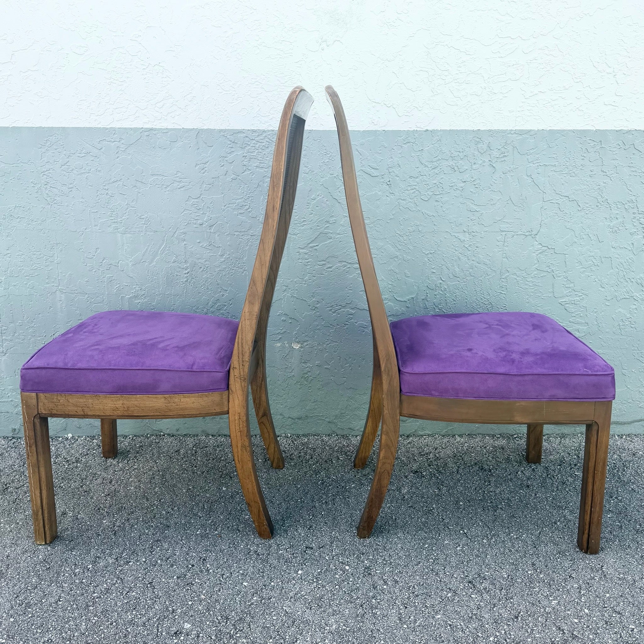 Mid Century Modern Cane Back Wooden Purple Dining Chairs Dolphin & Flamingo