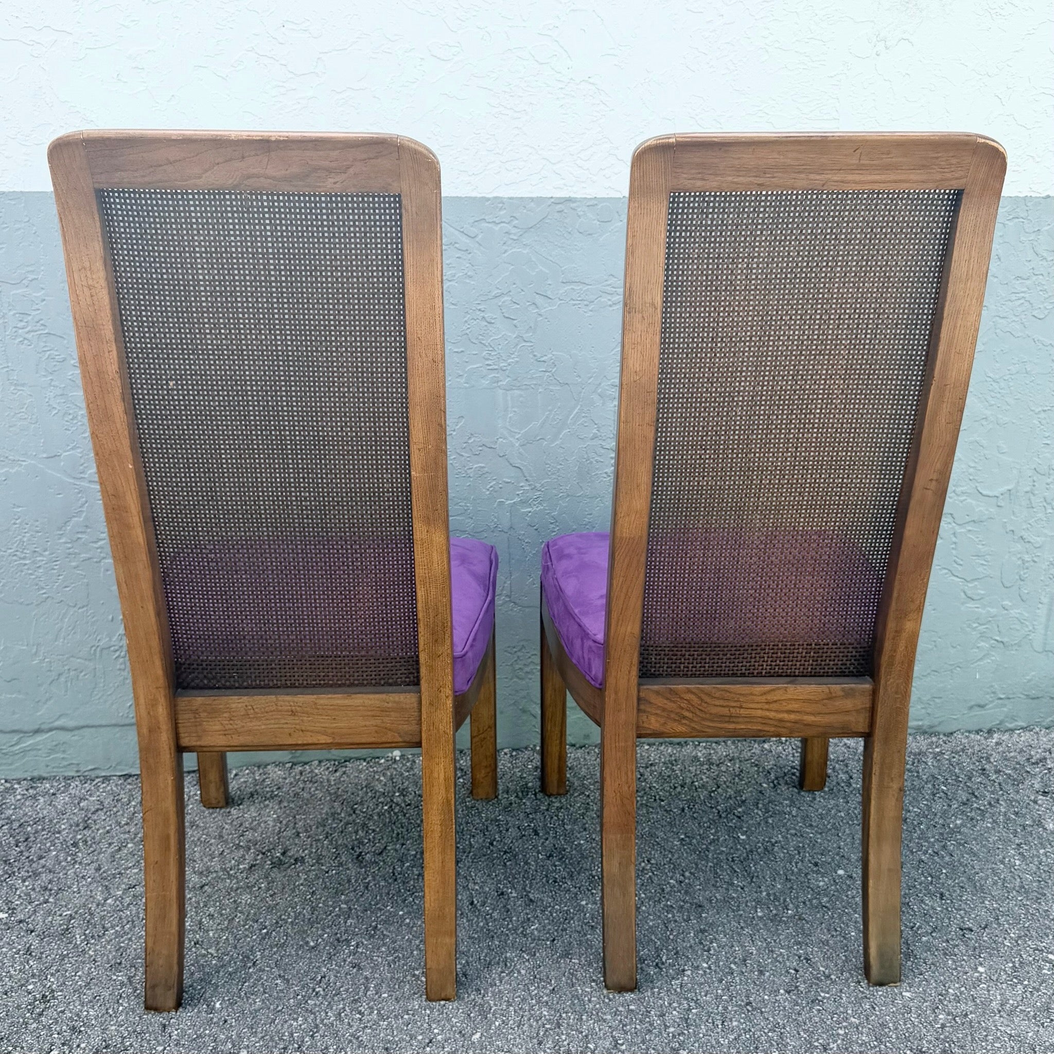 Mid Century Modern Cane Back Wooden Purple Dining Chairs Dolphin & Flamingo