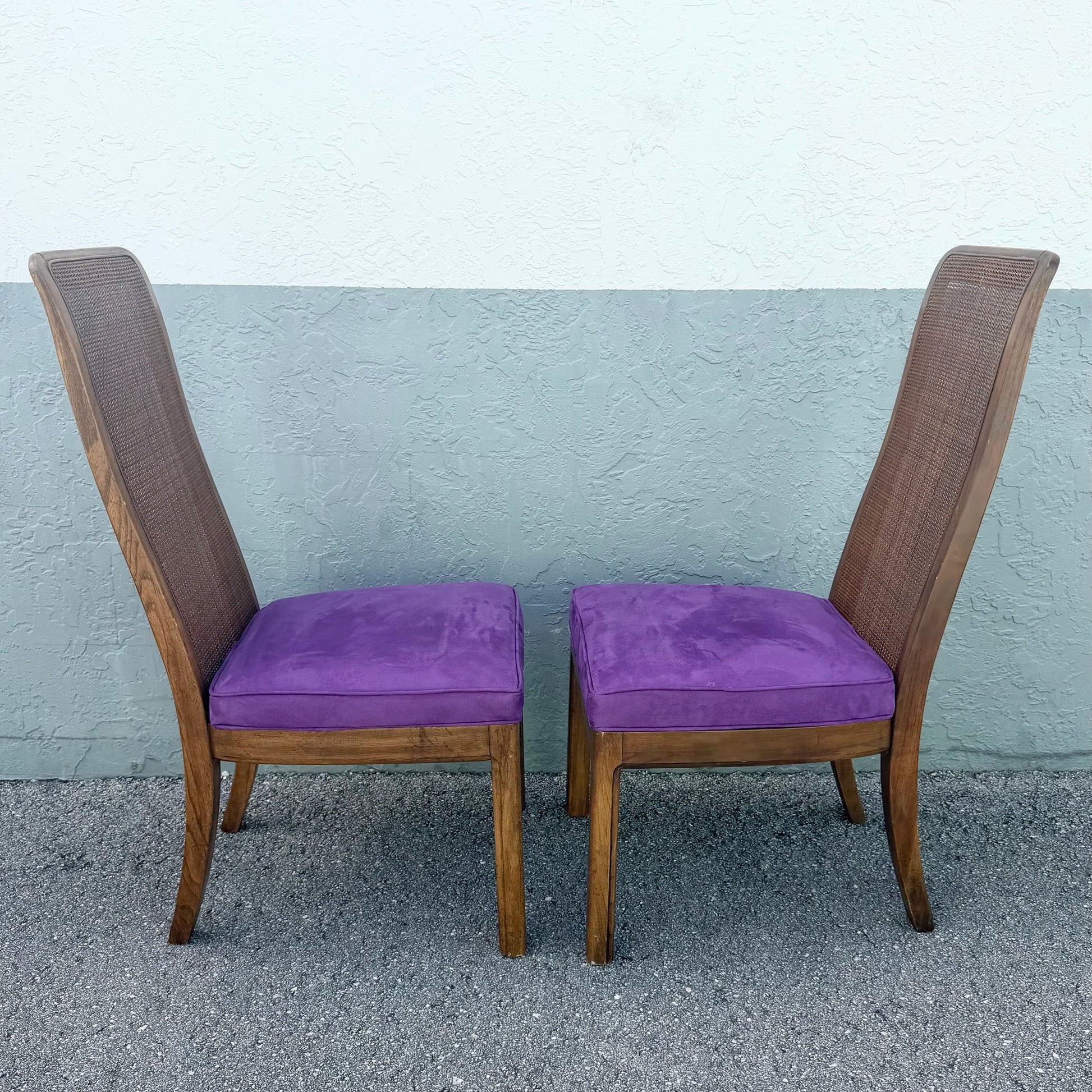 Mid Century Modern Cane Back Wooden Purple Dining Chairs Dolphin & Flamingo