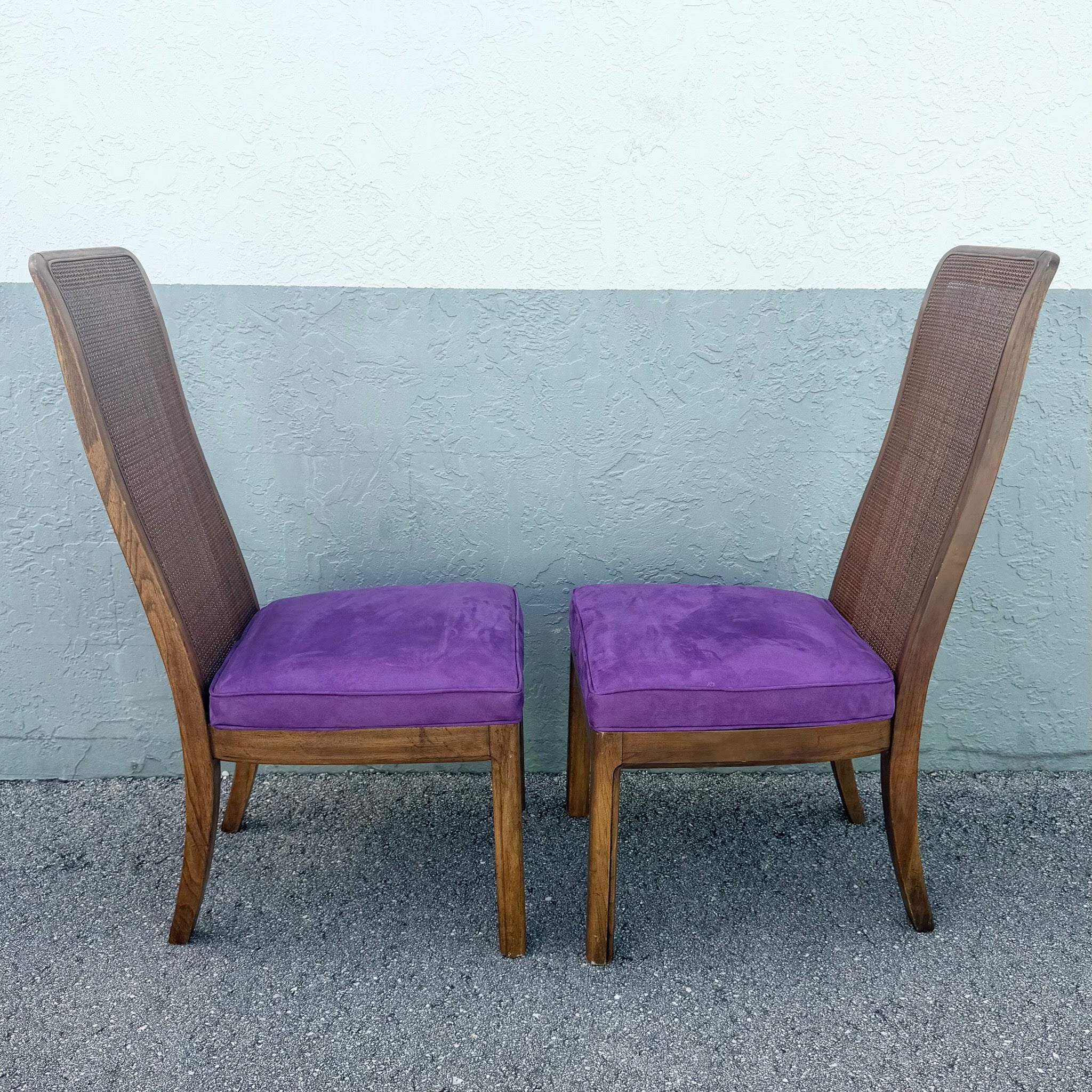 Mid Century Modern Cane Back Wooden Purple Dining Chairs Dolphin & Flamingo