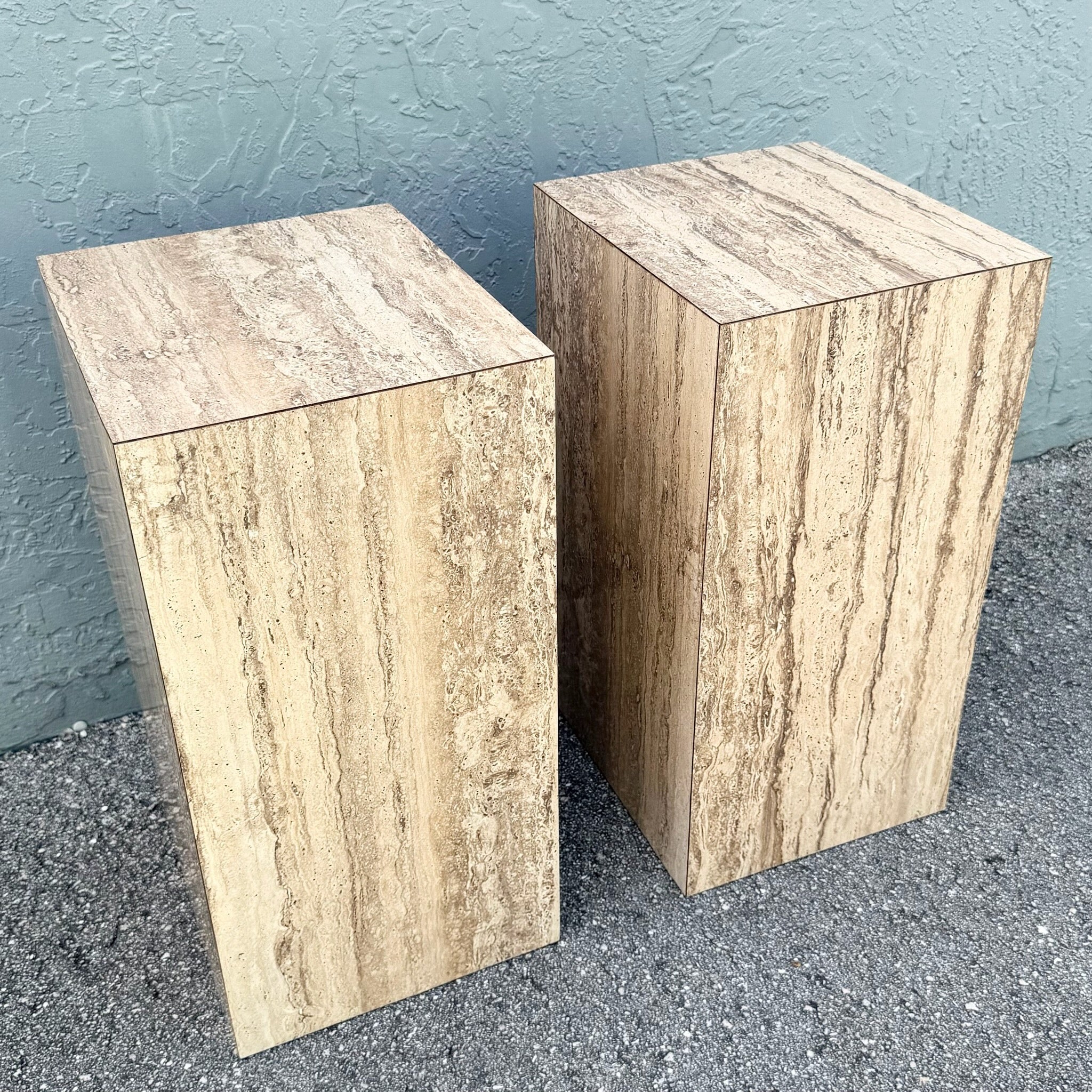 Post Modern Faux Travertine Laminate Pedestals - A Pair Dolphin & Flamingo
