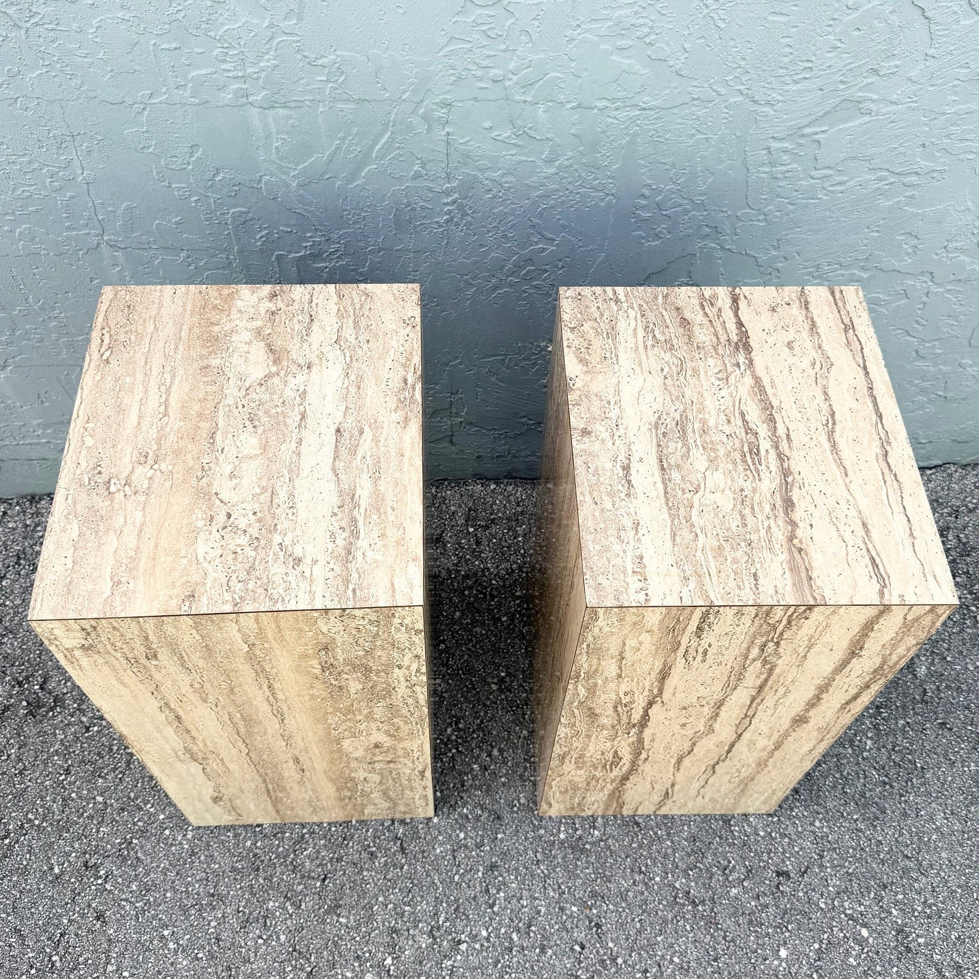 Post Modern Faux Travertine Laminate Pedestals - A Pair Dolphin & Flamingo