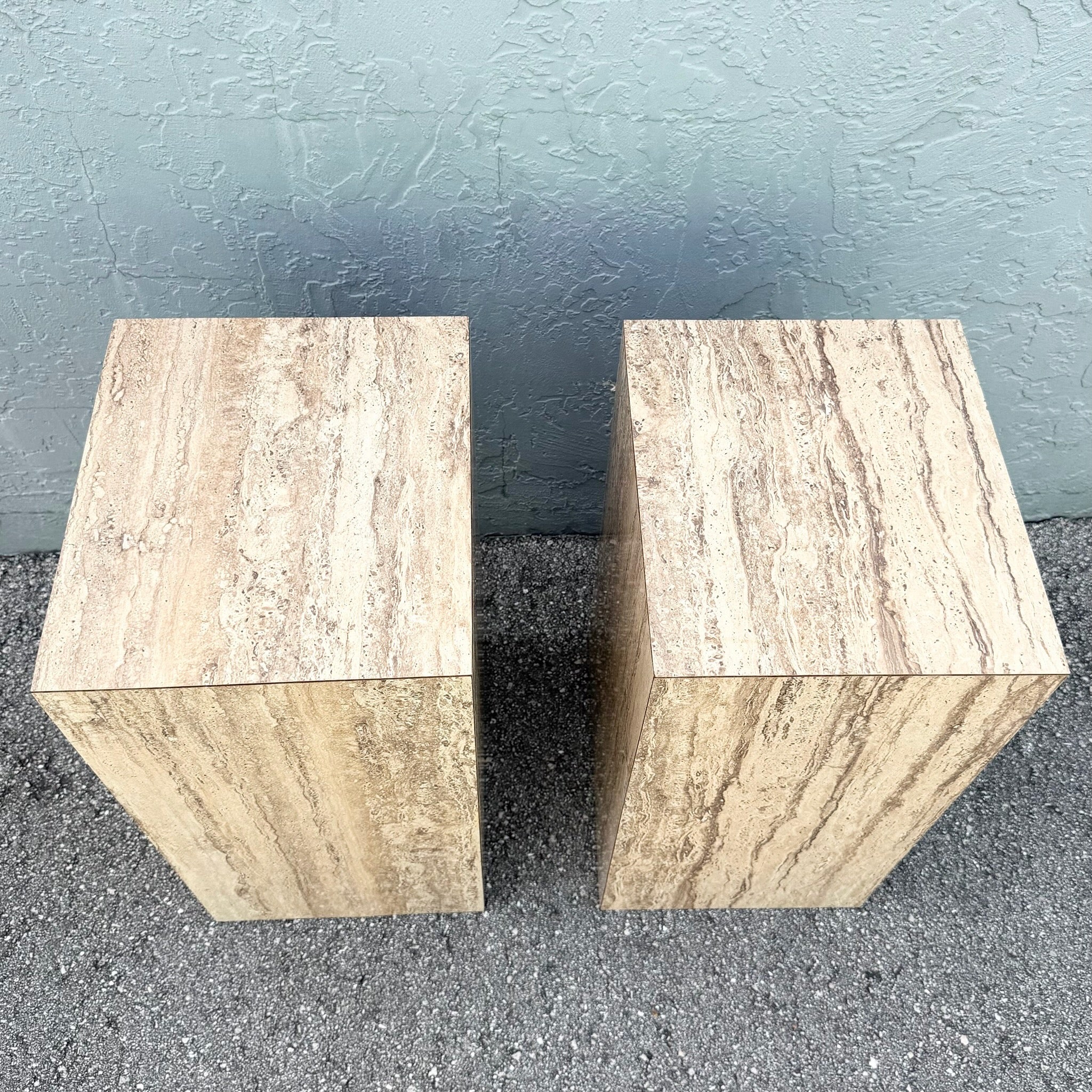 Post Modern Faux Travertine Laminate Pedestals - A Pair Dolphin & Flamingo