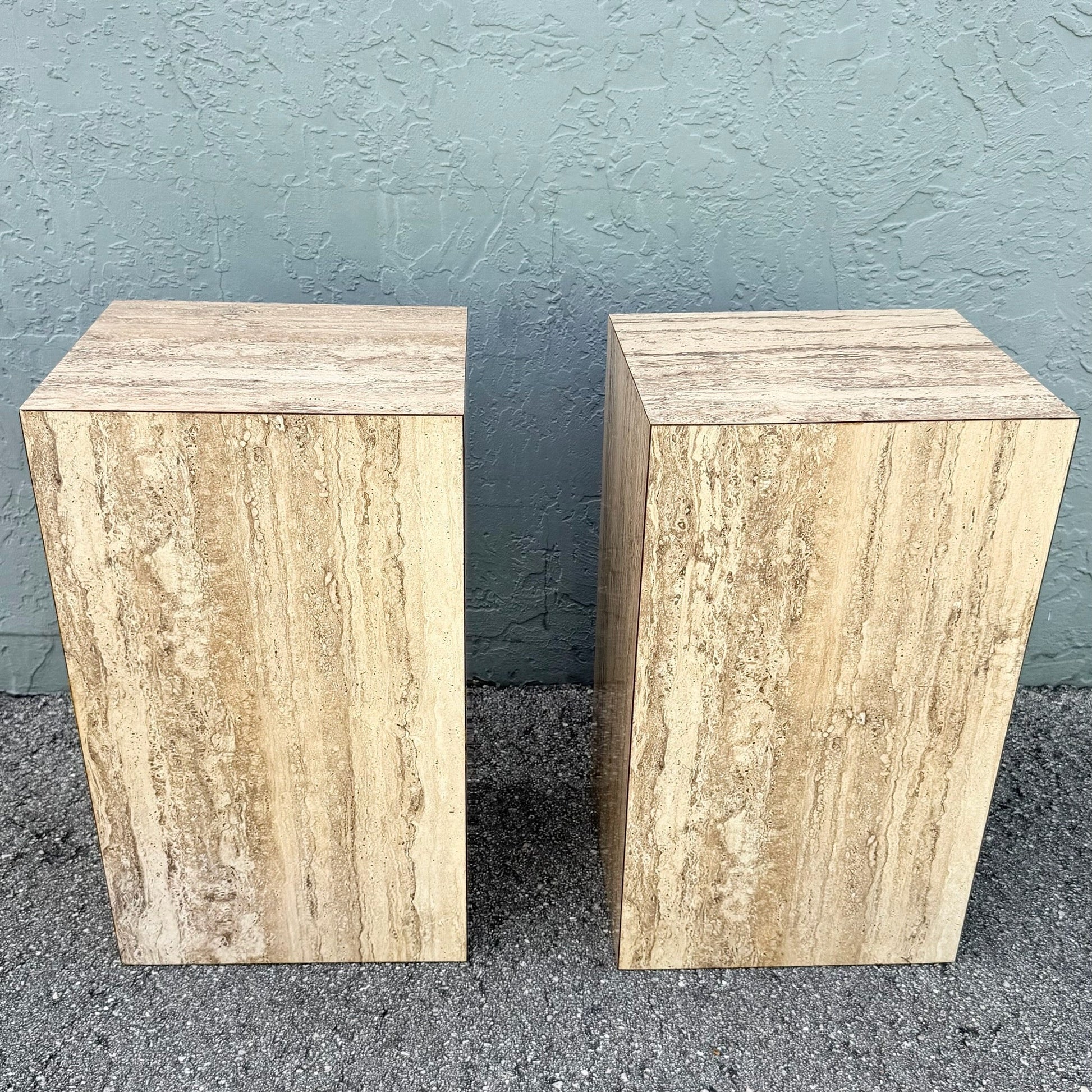 Post Modern Faux Travertine Laminate Pedestals - A Pair Dolphin & Flamingo