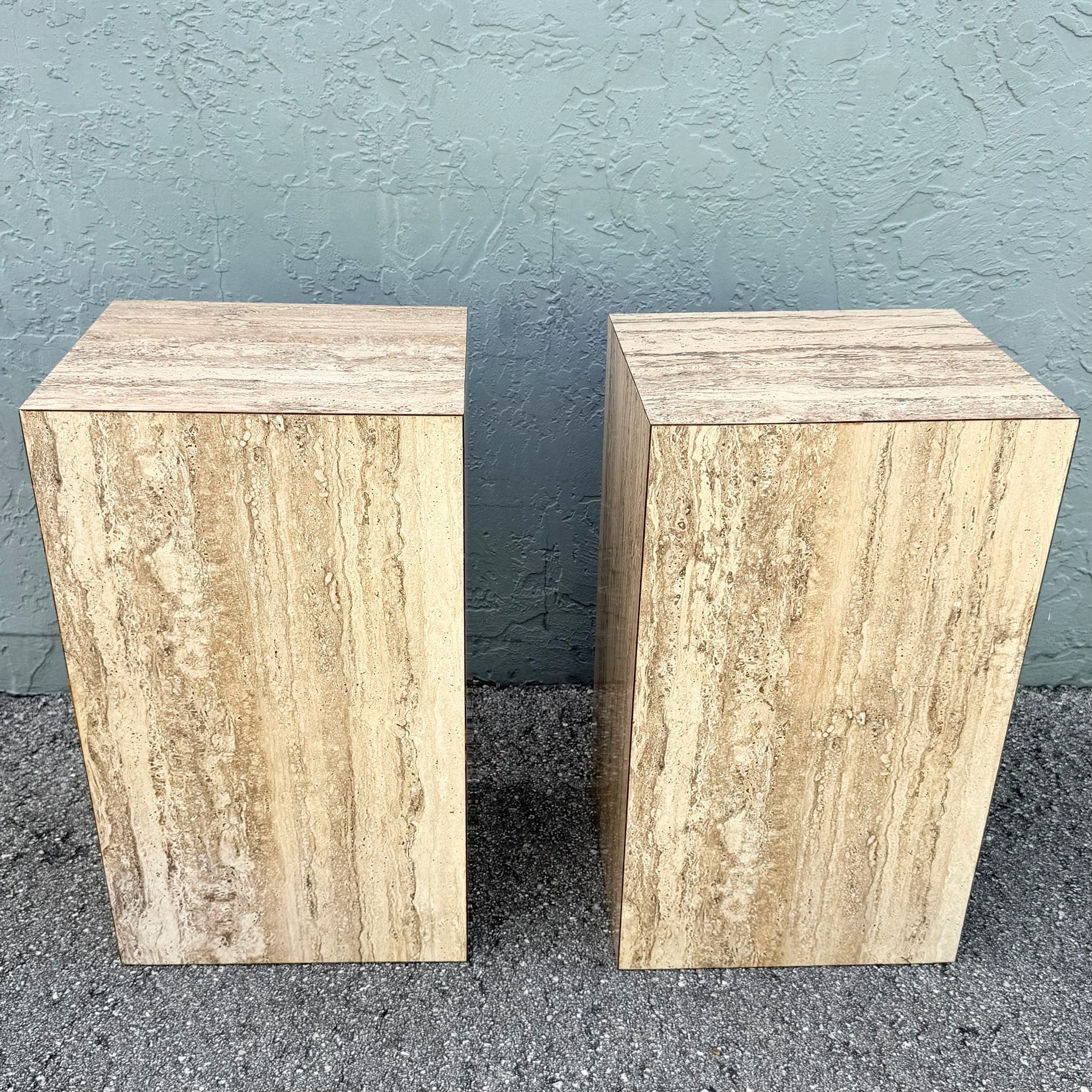 Post Modern Faux Travertine Laminate Pedestals - A Pair Dolphin & Flamingo