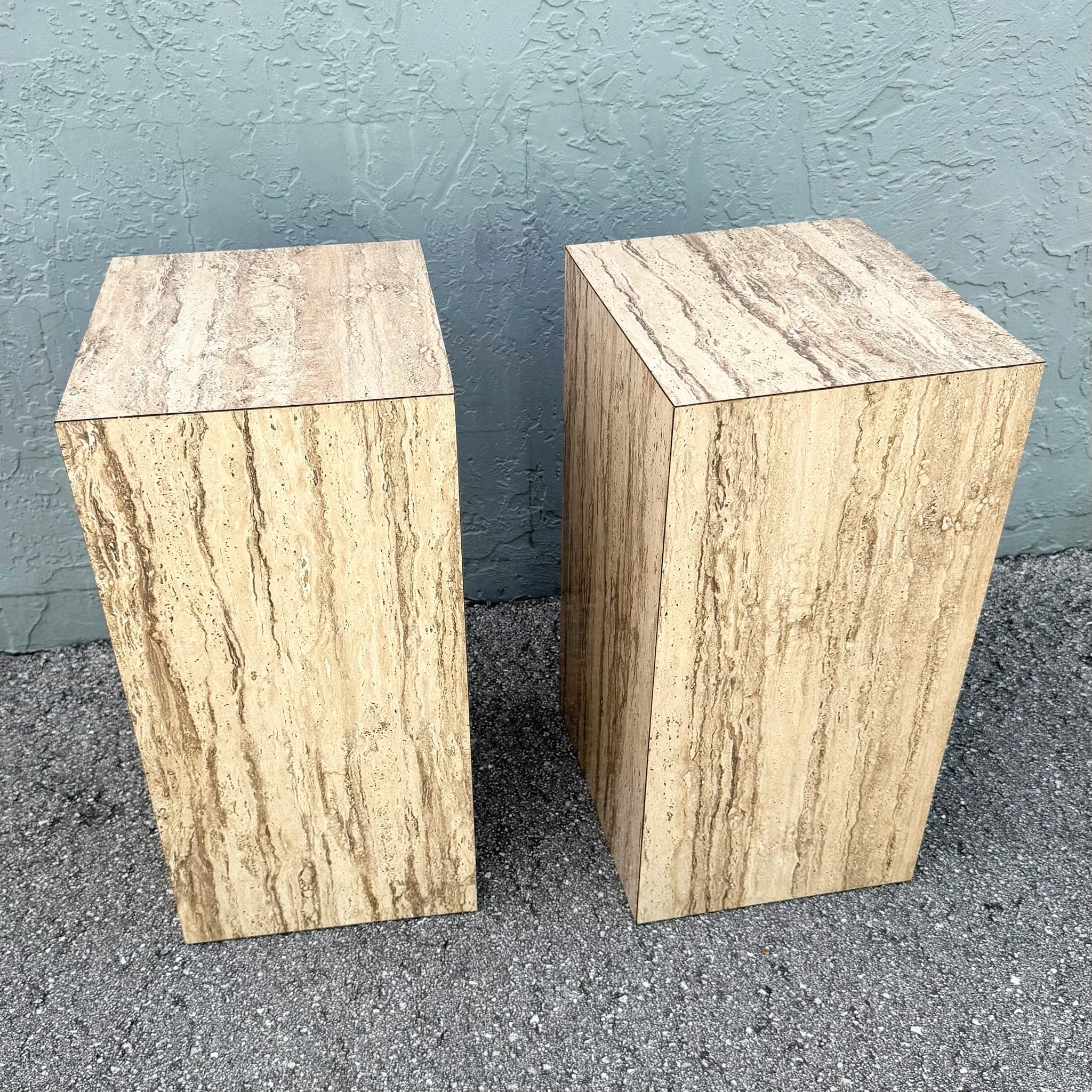 Post Modern Faux Travertine Laminate Pedestals - A Pair Dolphin & Flamingo