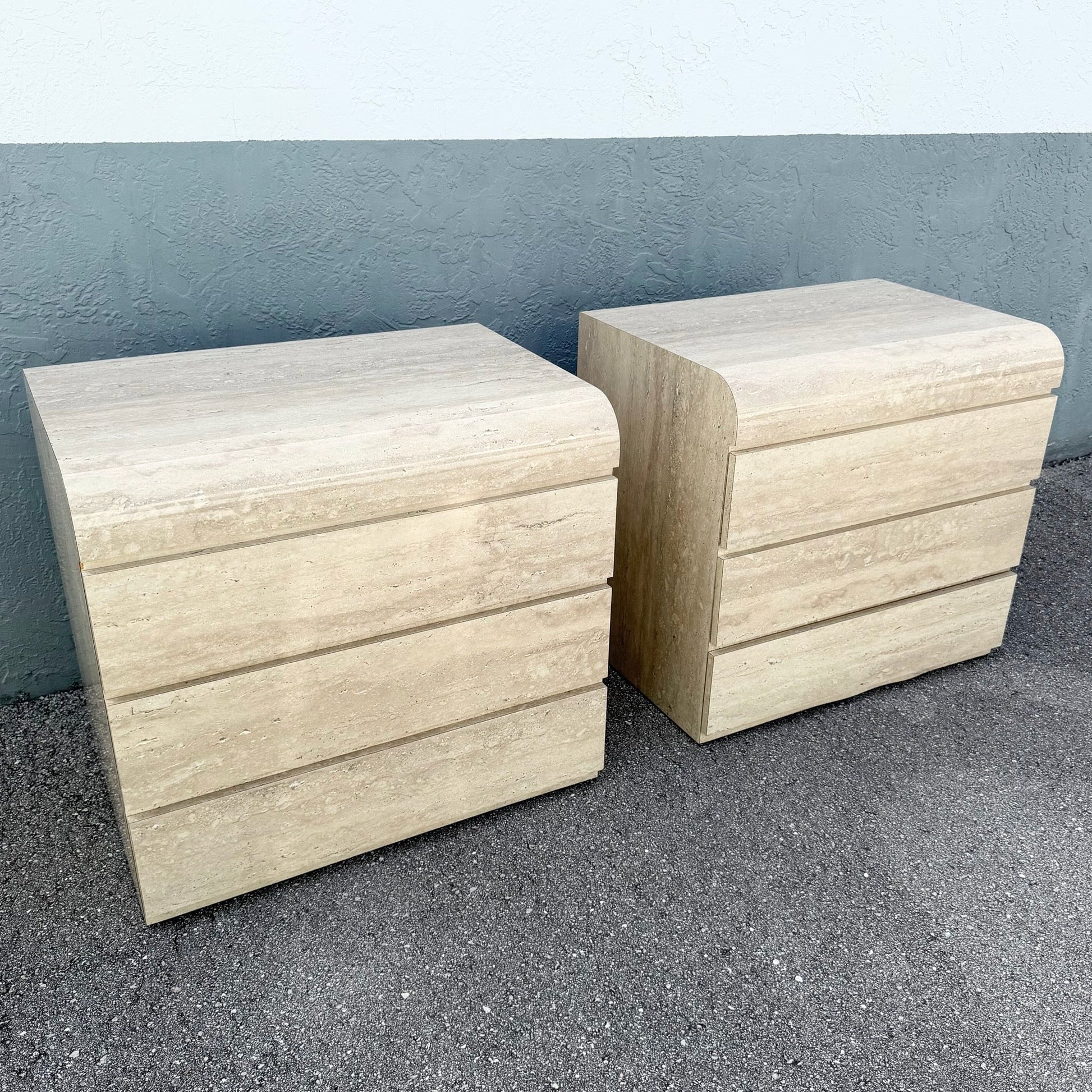 Postmodern Faux Travertine Waterfall Commodes/Nightstands - A Pair Dolphin & Flamingo