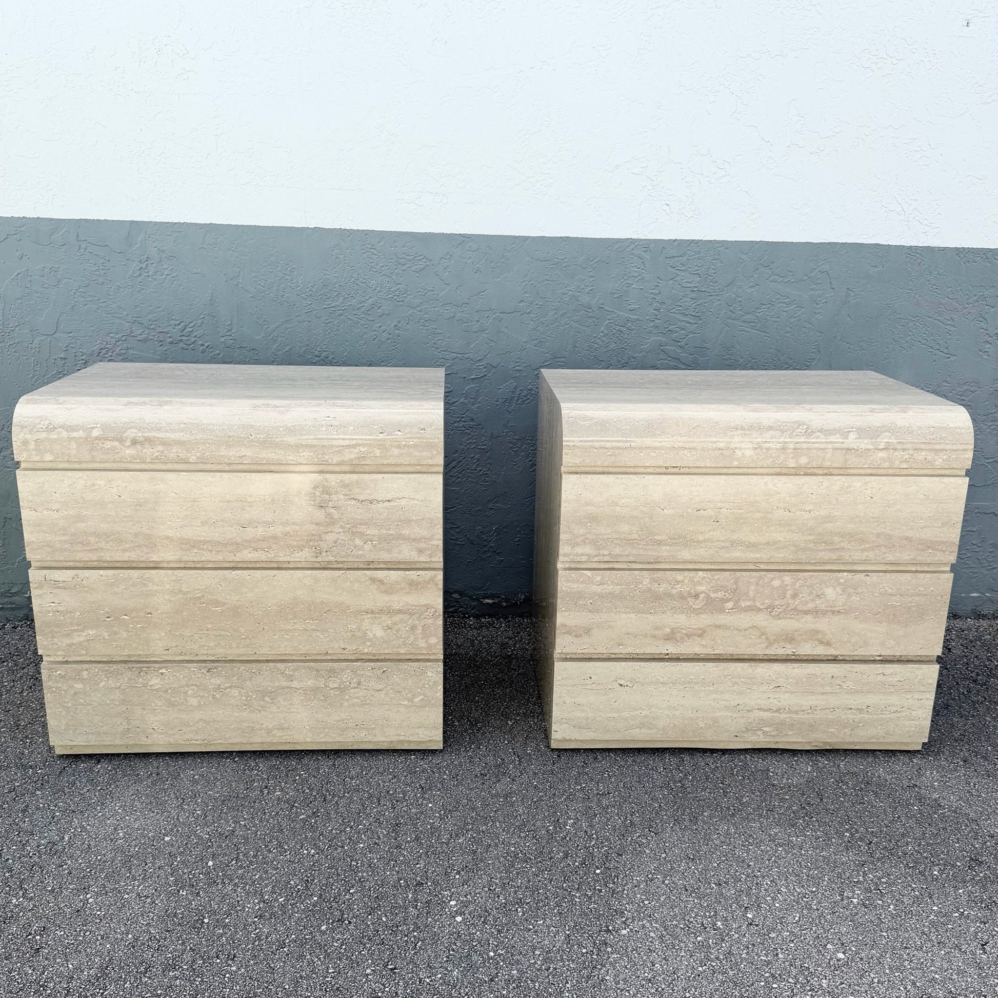 Postmodern Faux Travertine Waterfall Commodes/Nightstands - A Pair Dolphin & Flamingo