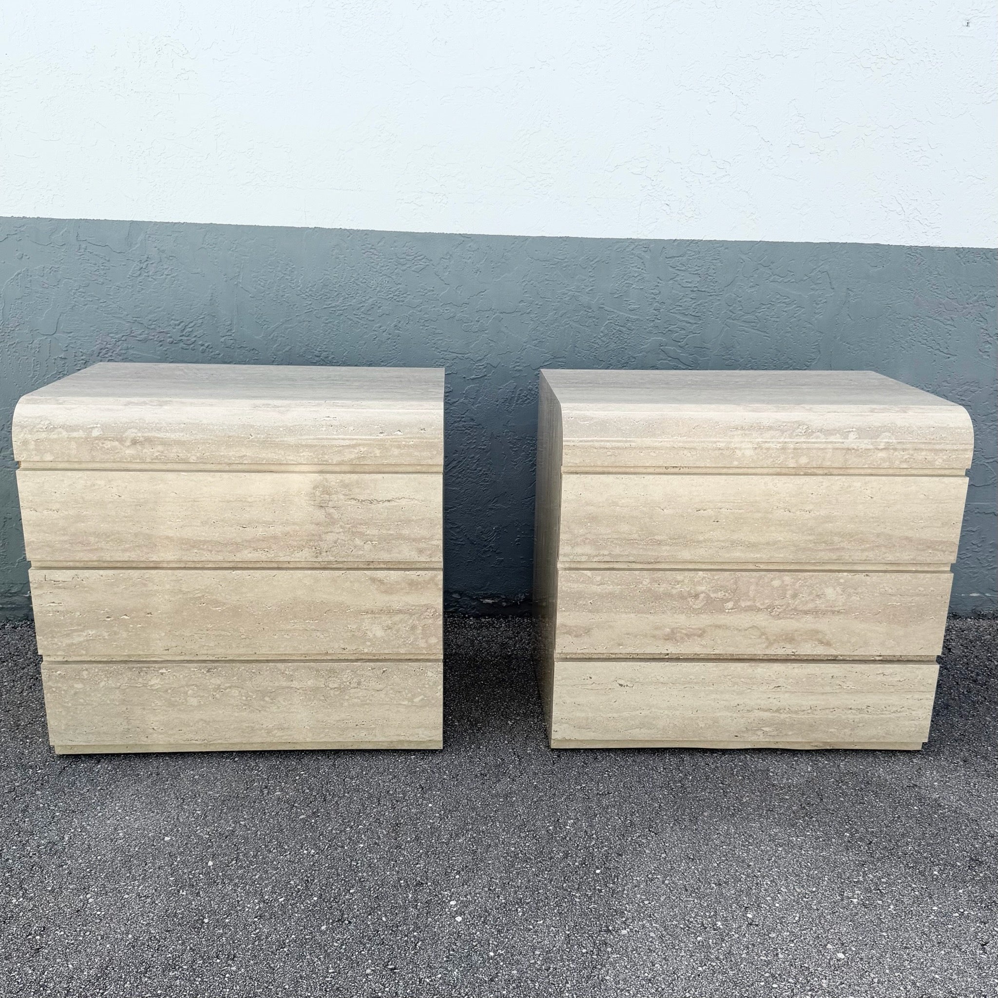Postmodern Faux Travertine Waterfall Commodes/Nightstands - A Pair Dolphin & Flamingo