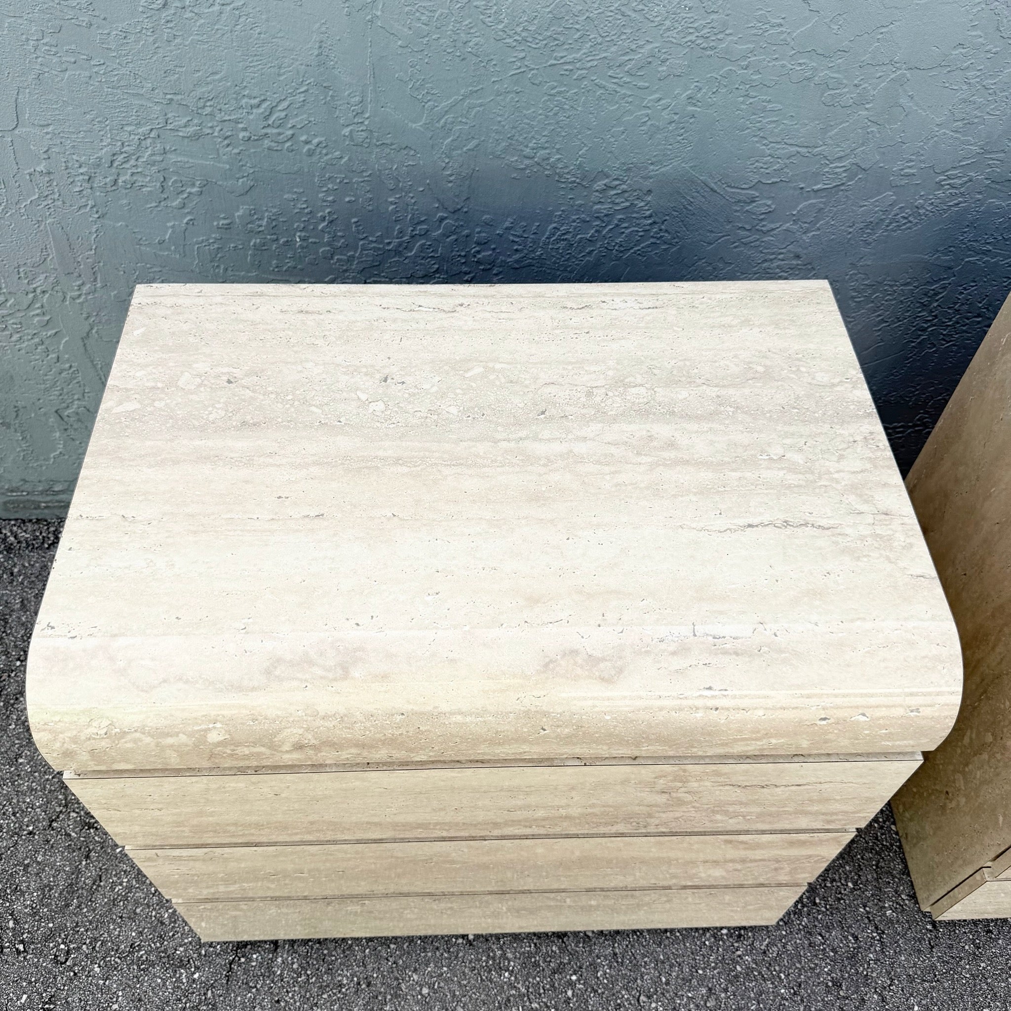Postmodern Faux Travertine Waterfall Commodes/Nightstands - A Pair Dolphin & Flamingo
