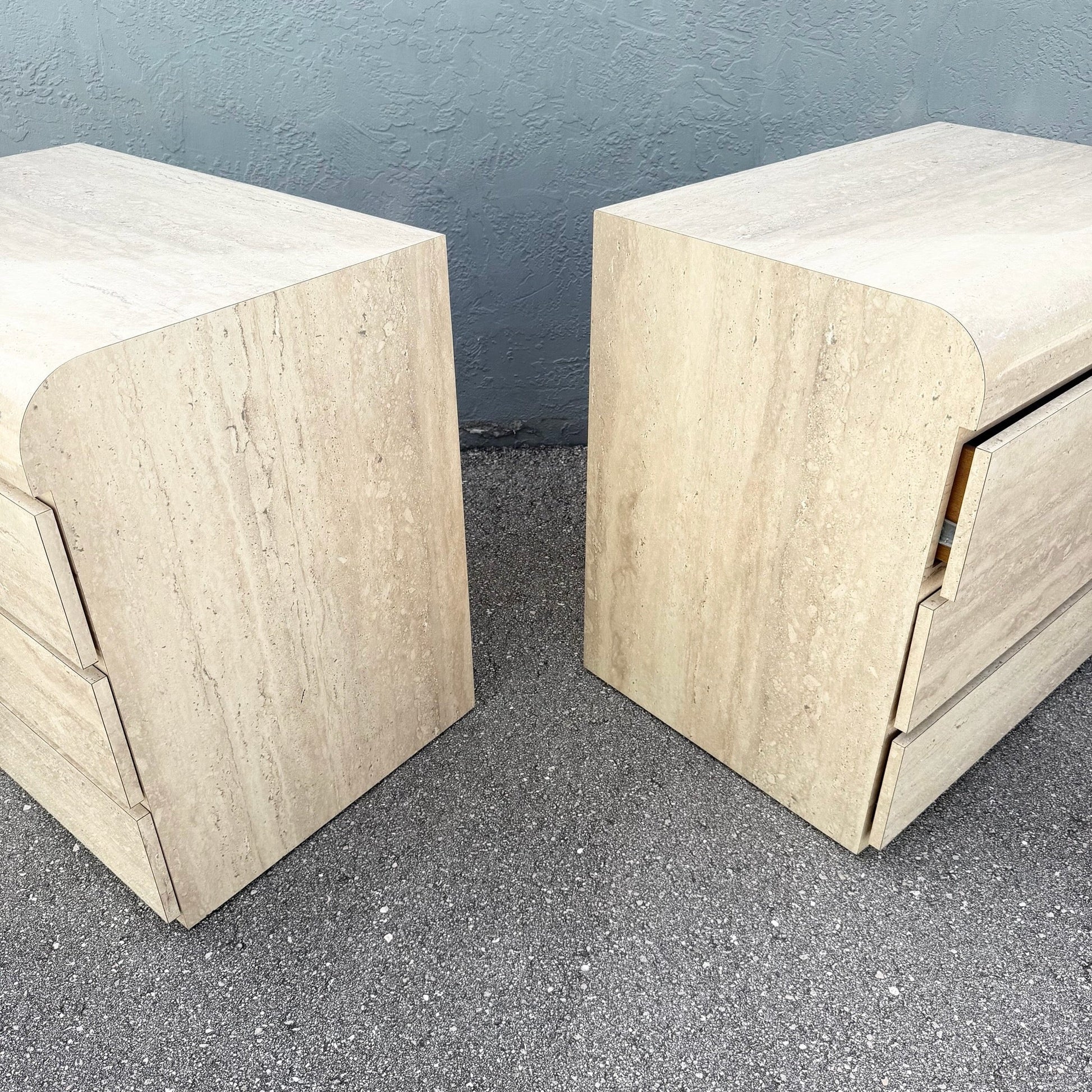 Postmodern Faux Travertine Waterfall Commodes/Nightstands - A Pair Dolphin & Flamingo