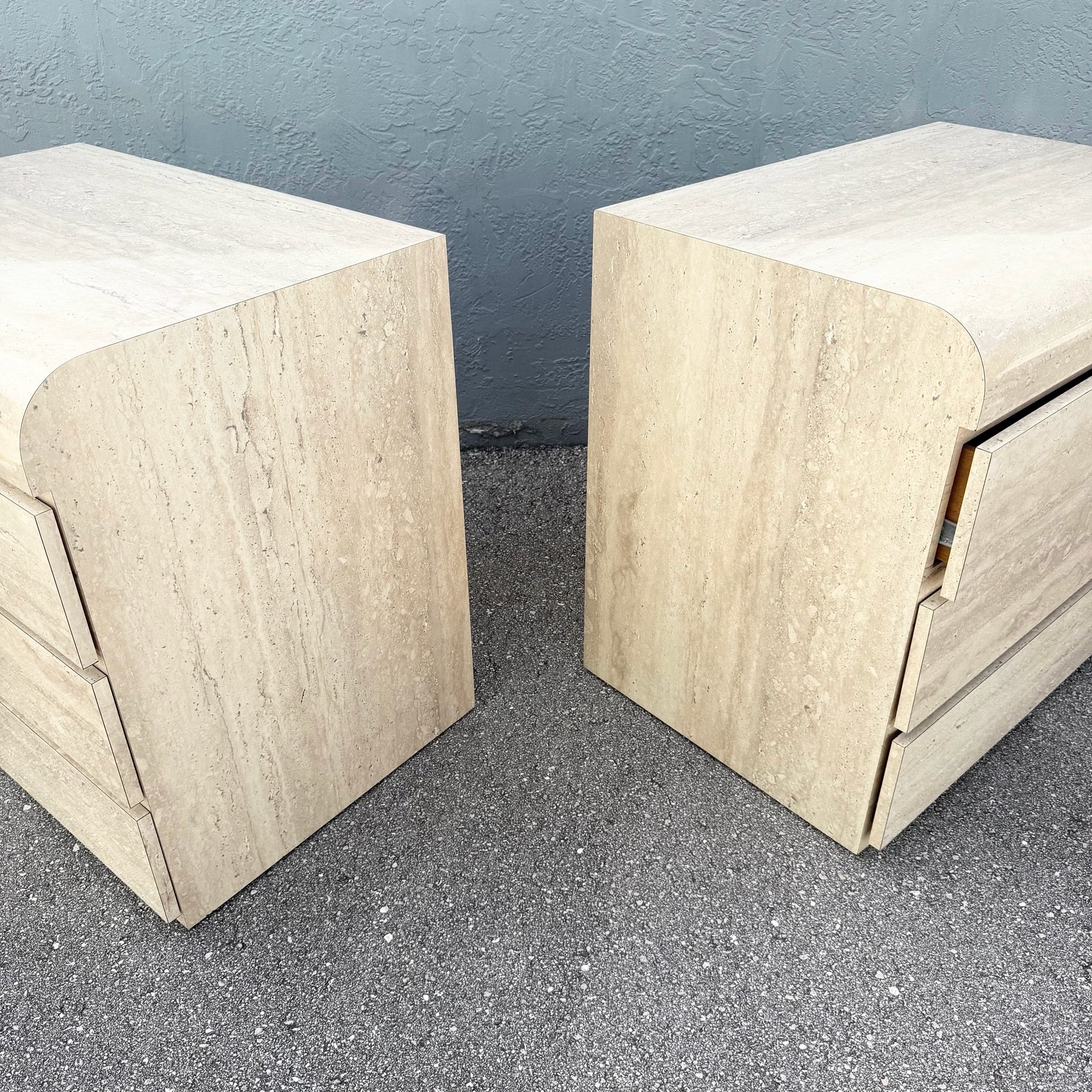 Postmodern Faux Travertine Waterfall Commodes/Nightstands - A Pair Dolphin & Flamingo