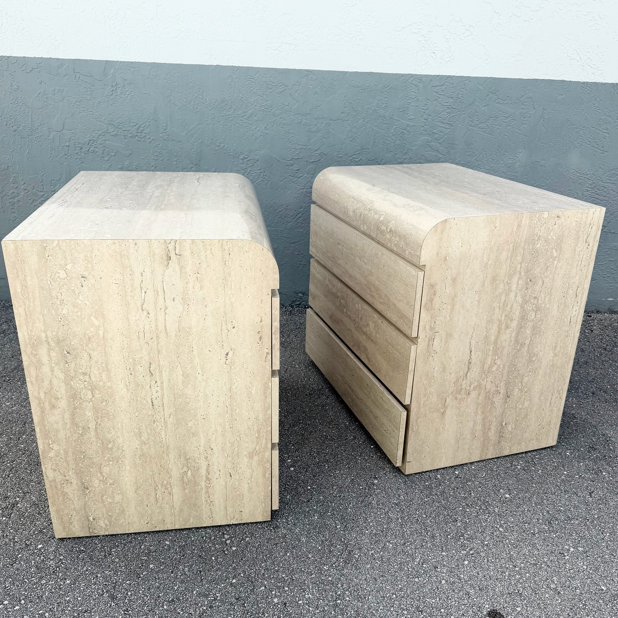Postmodern Faux Travertine Waterfall Commodes/Nightstands - A Pair Dolphin & Flamingo