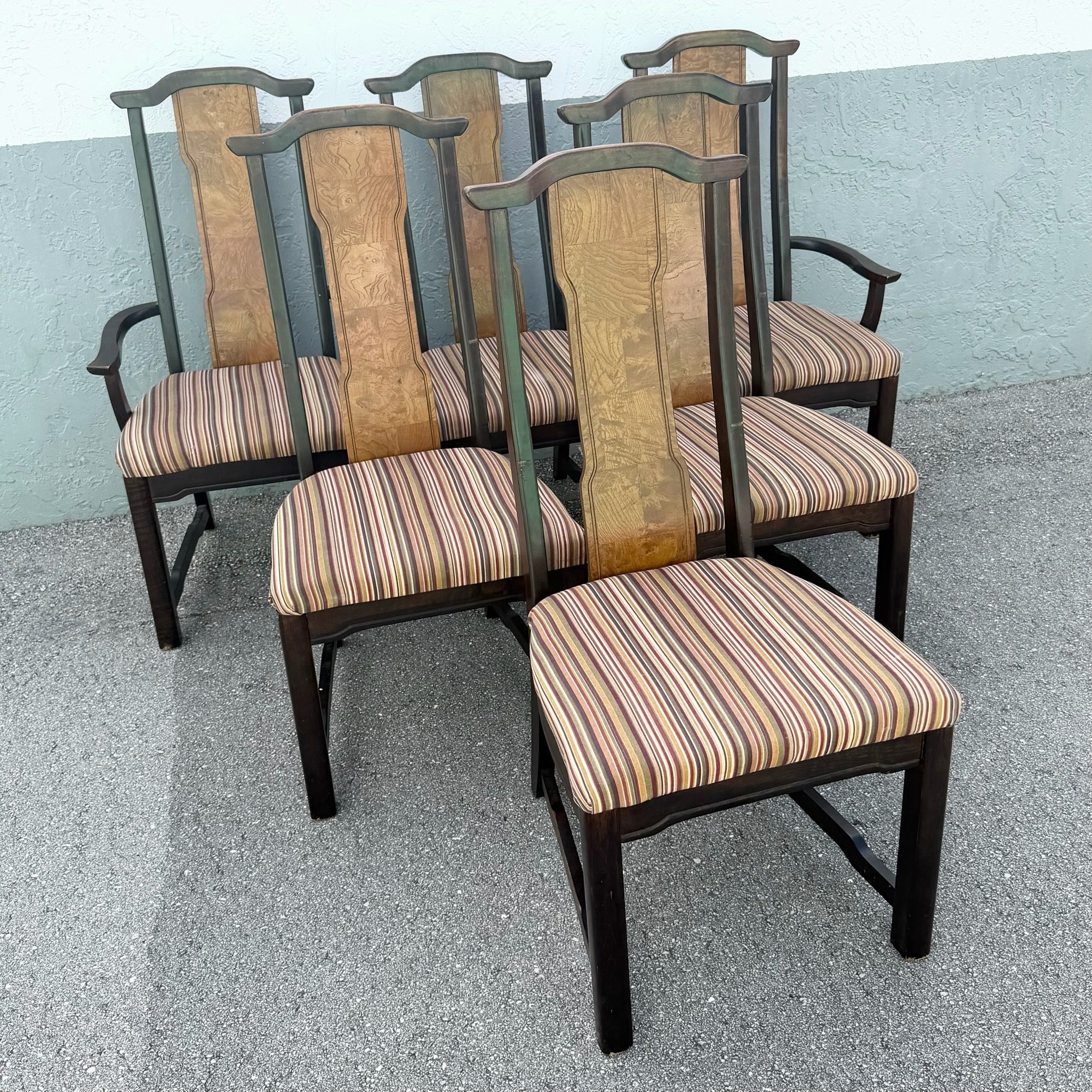 Vintage Chinoiserie Burlwood Dining Chairs by Broyhill - Set of 6 Dolphin & Flamingo