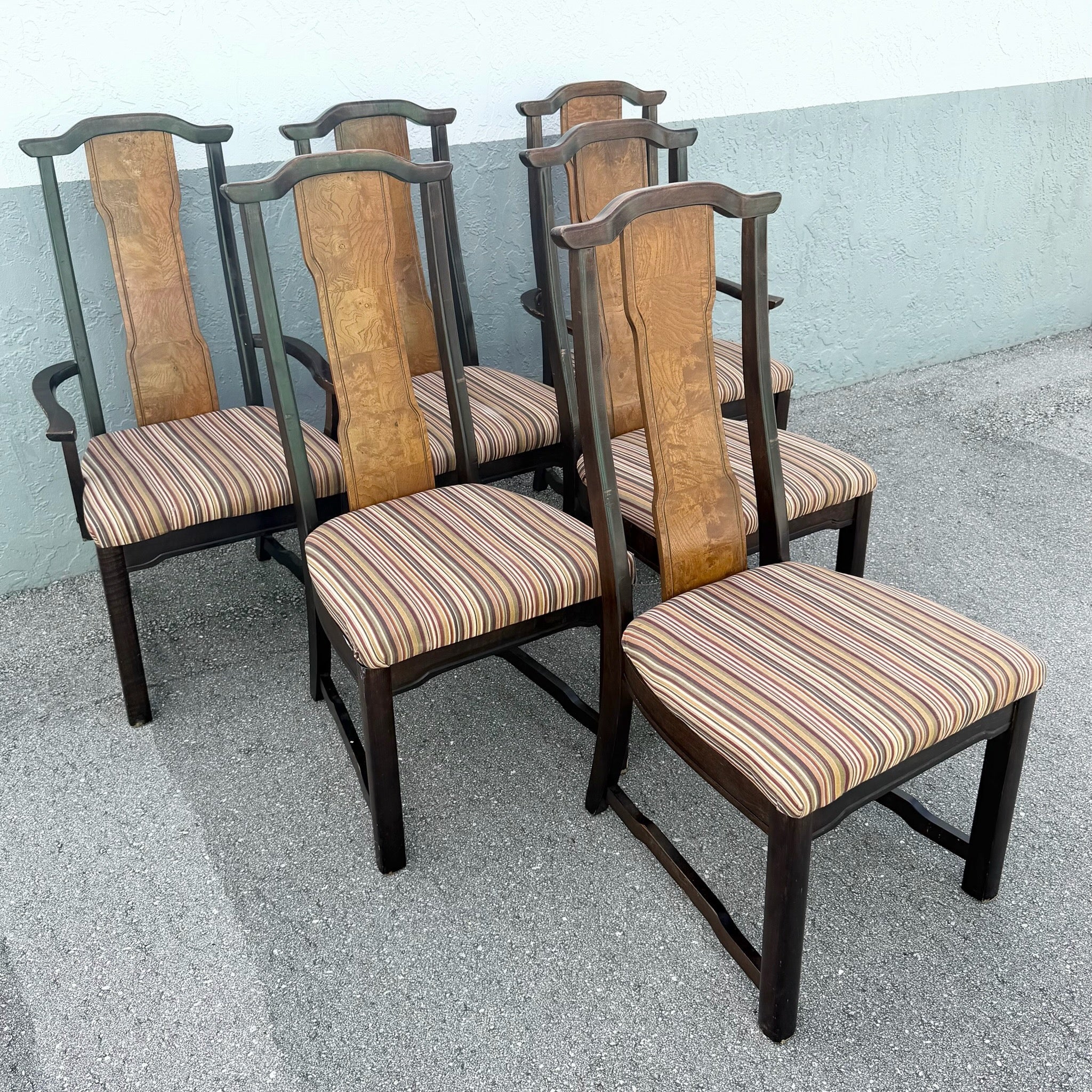 Vintage Chinoiserie Burlwood Dining Chairs by Broyhill - Set of 6 Dolphin & Flamingo