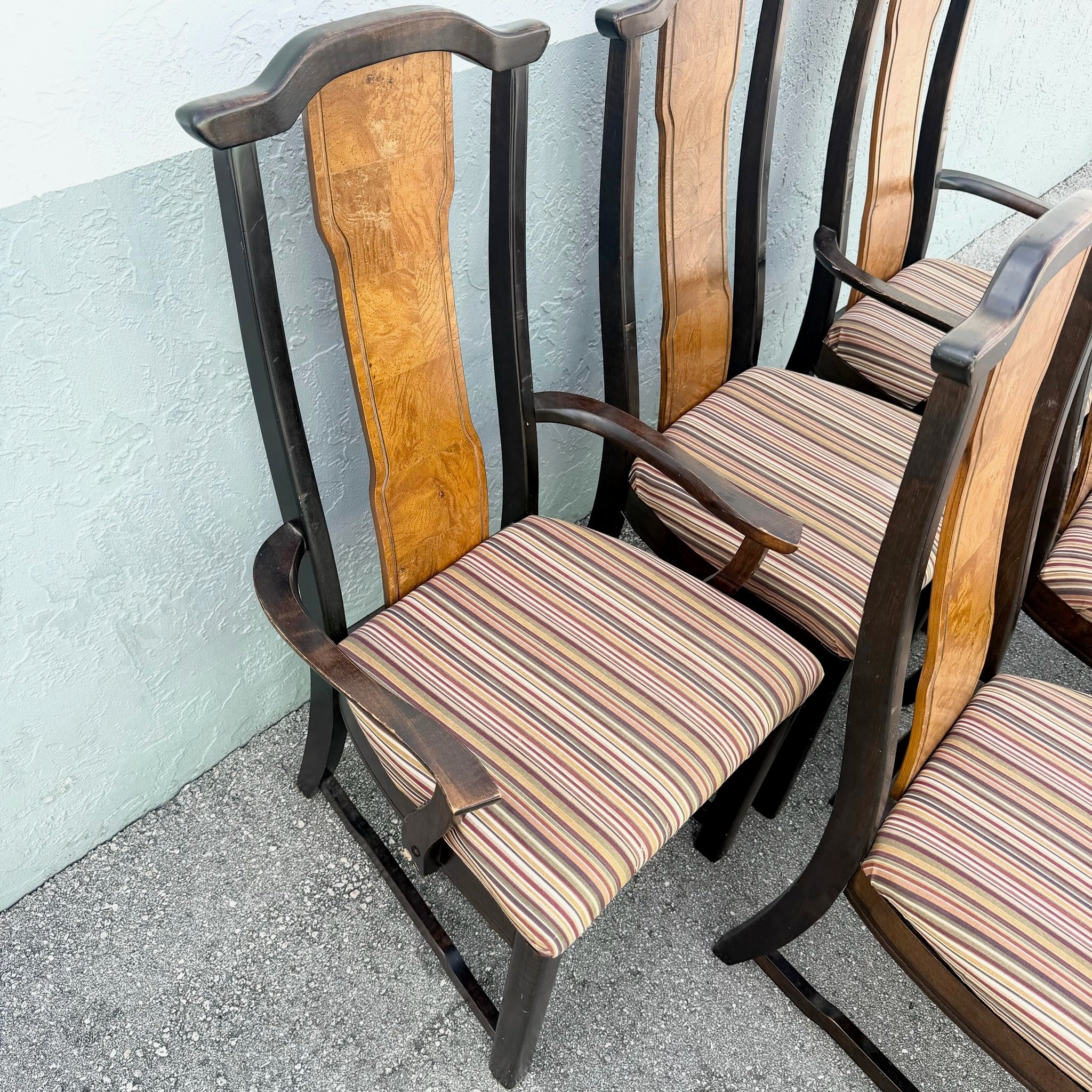 Vintage Chinoiserie Burlwood Dining Chairs by Broyhill - Set of 6 Dolphin & Flamingo