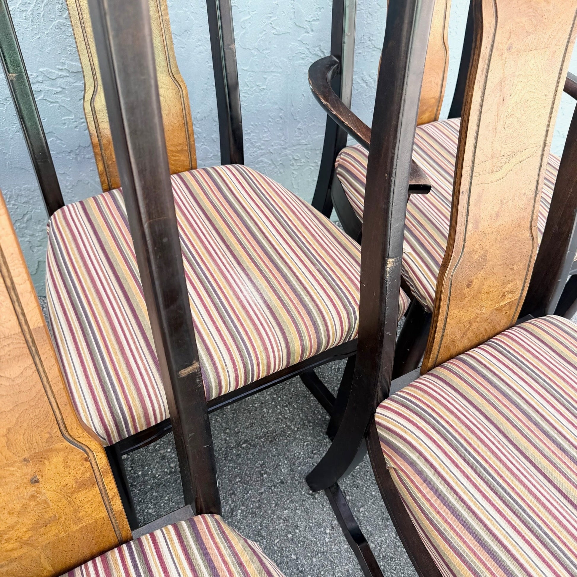Vintage Chinoiserie Burlwood Dining Chairs by Broyhill - Set of 6 Dolphin & Flamingo