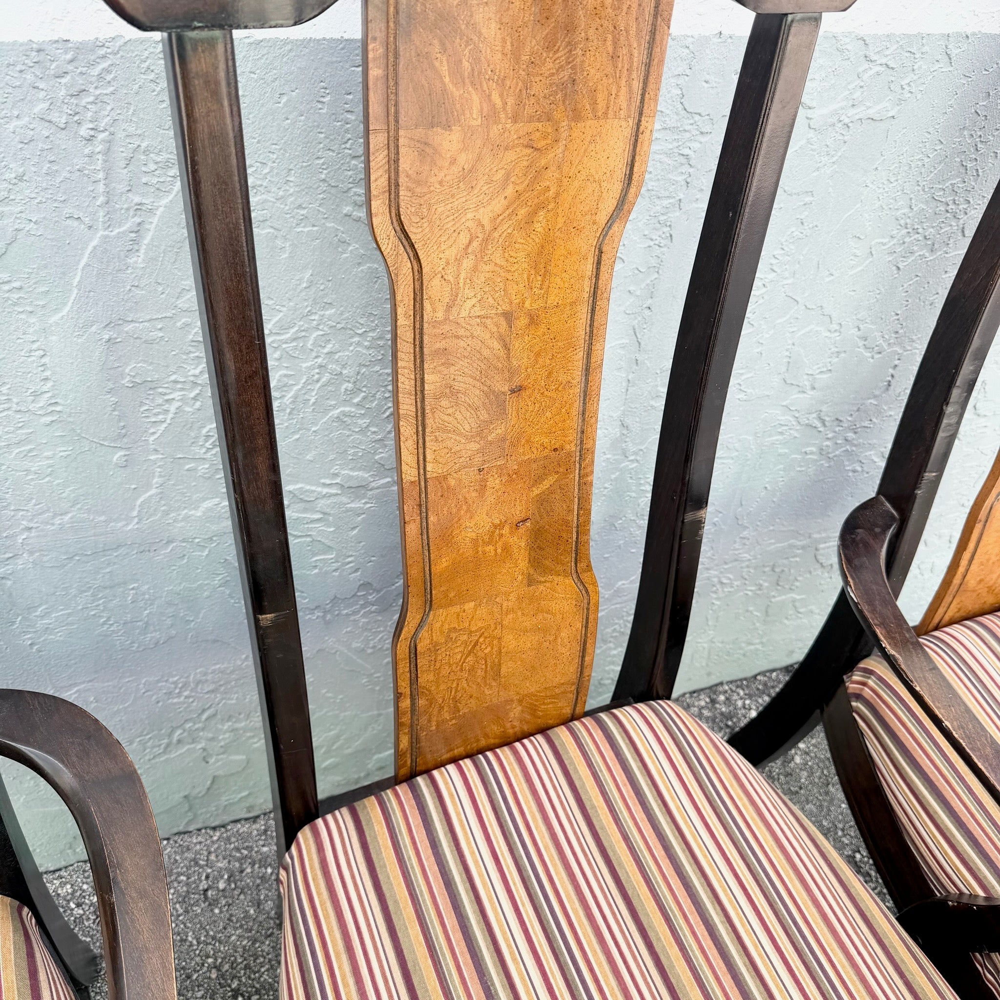 Vintage Chinoiserie Burlwood Dining Chairs by Broyhill - Set of 6 Dolphin & Flamingo