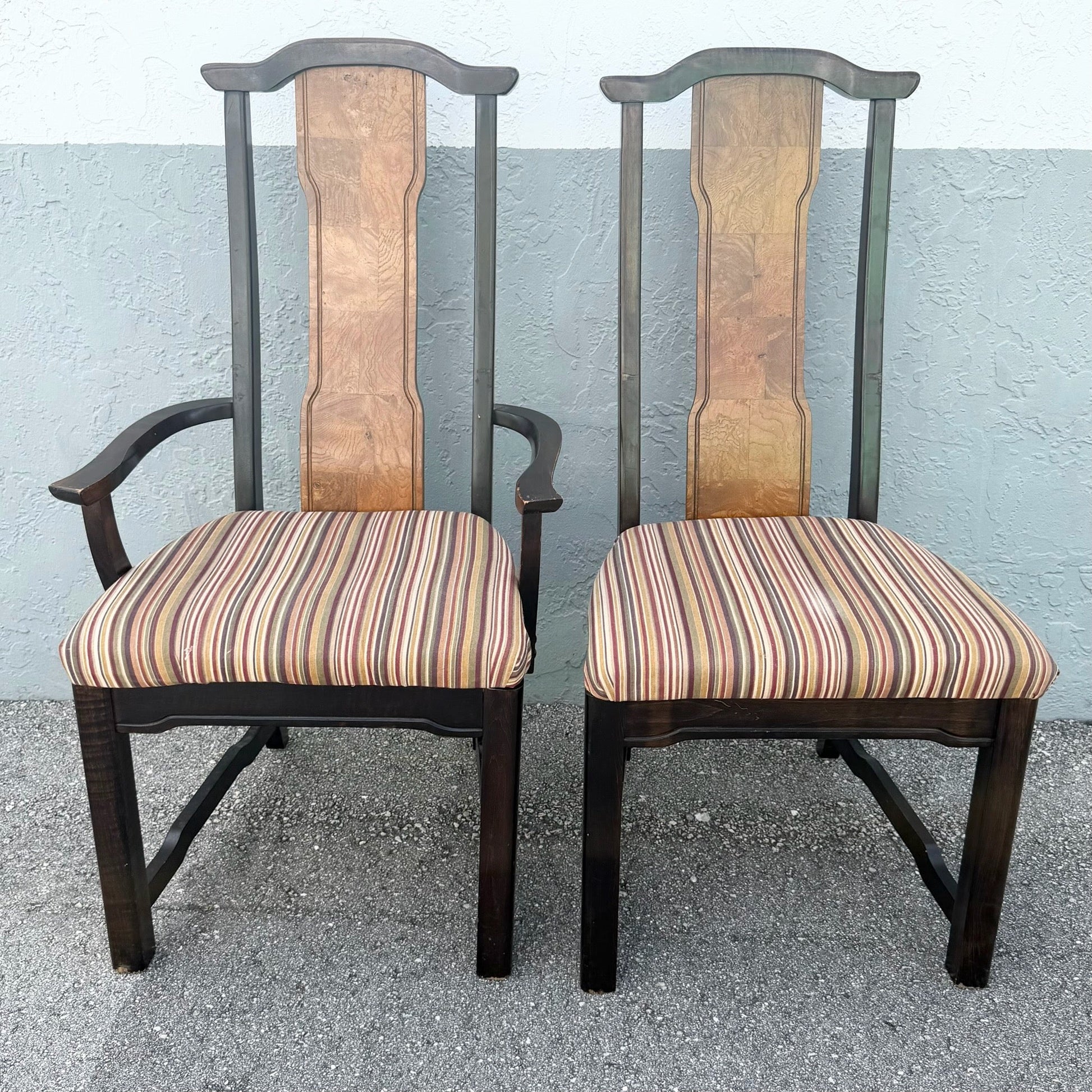 Vintage Chinoiserie Burlwood Dining Chairs by Broyhill - Set of 6 Dolphin & Flamingo