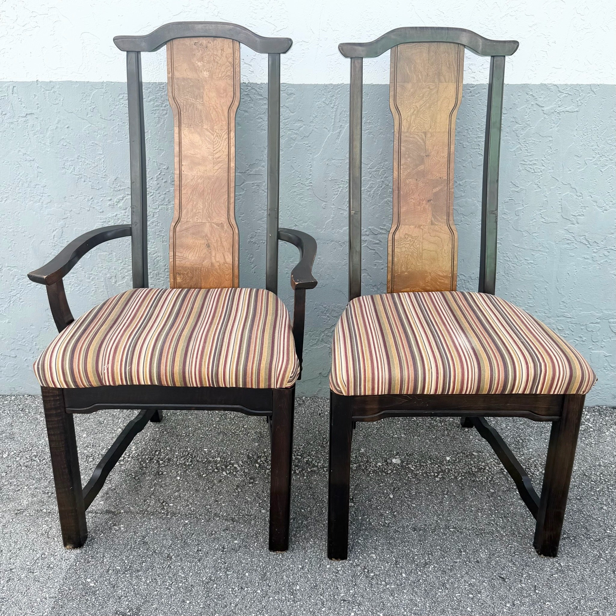 Vintage Chinoiserie Burlwood Dining Chairs by Broyhill - Set of 6 Dolphin & Flamingo
