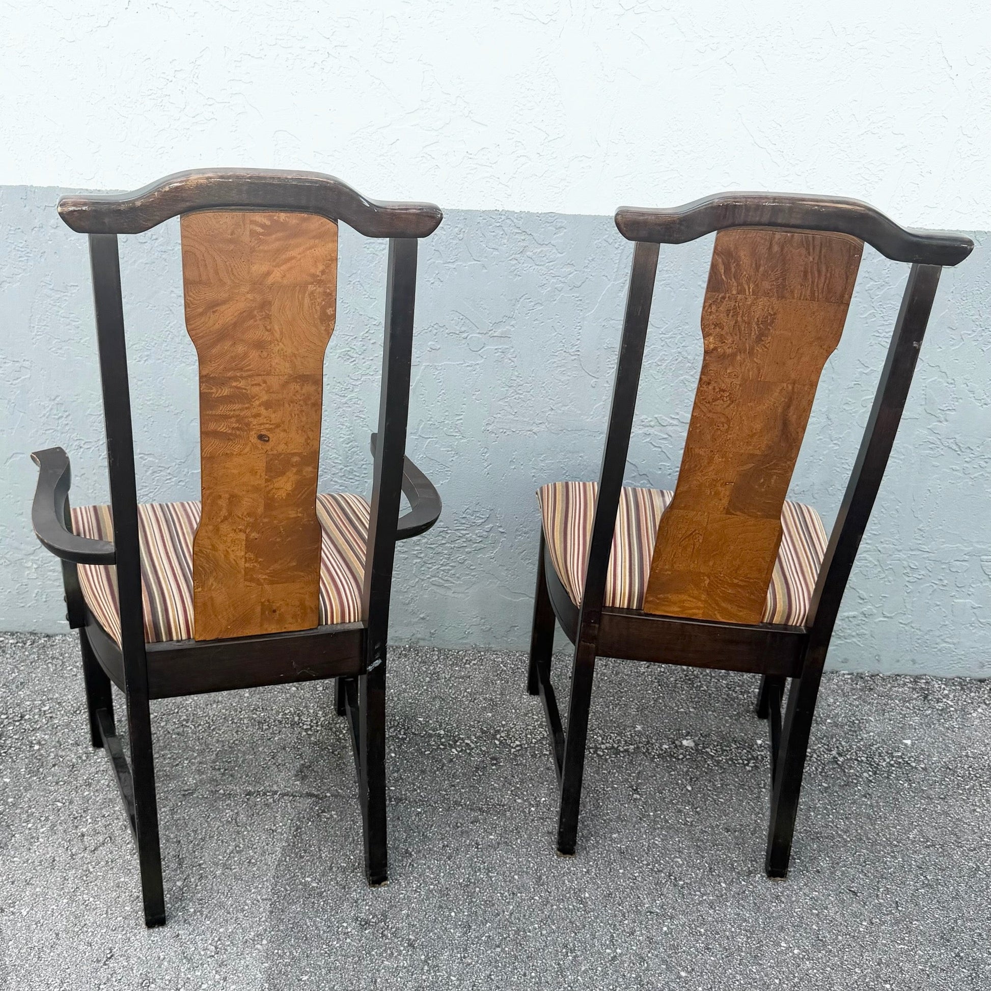 Vintage Chinoiserie Burlwood Dining Chairs by Broyhill - Set of 6 Dolphin & Flamingo