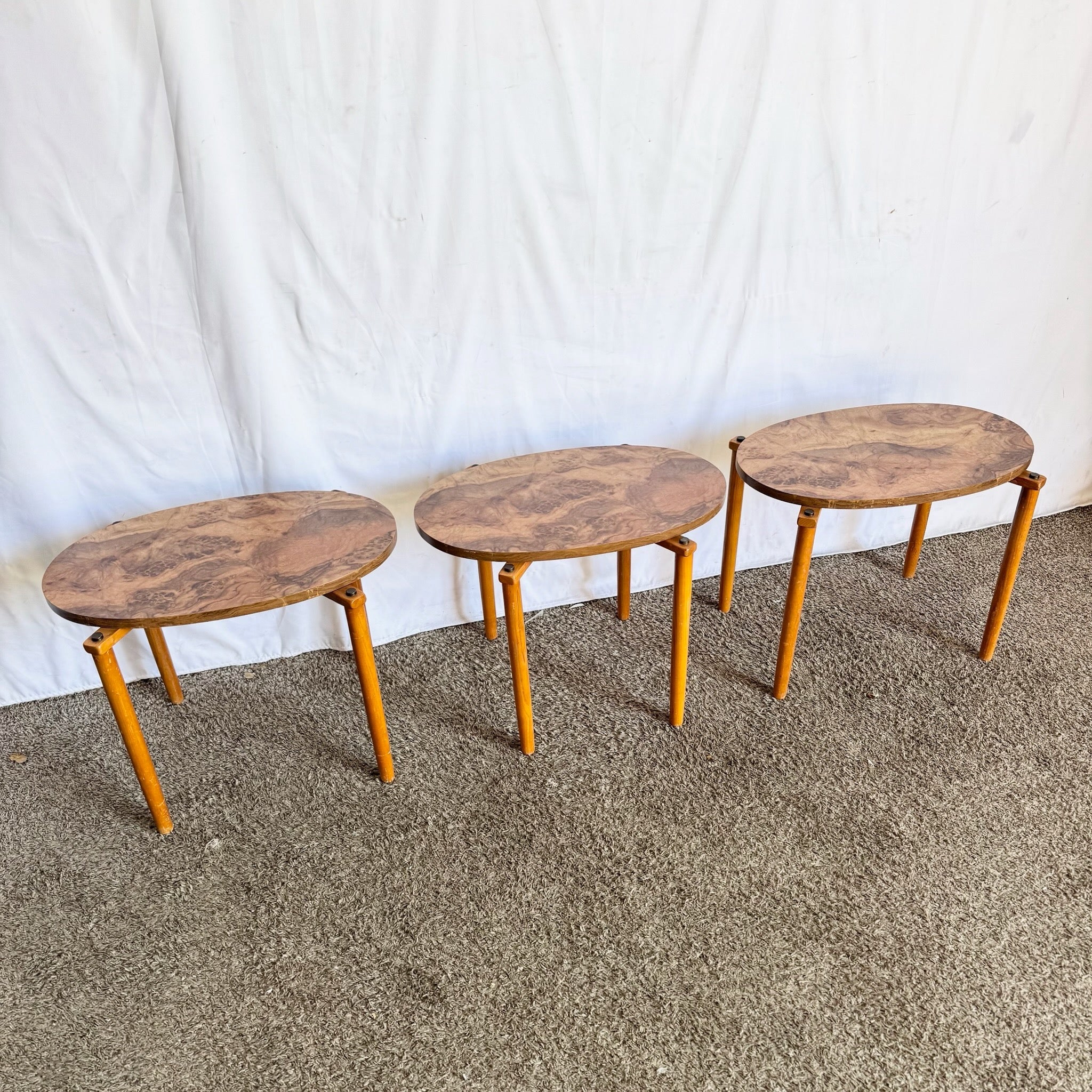 Mid Century Modern Oval Burlwood Laminate Nesting Tables
