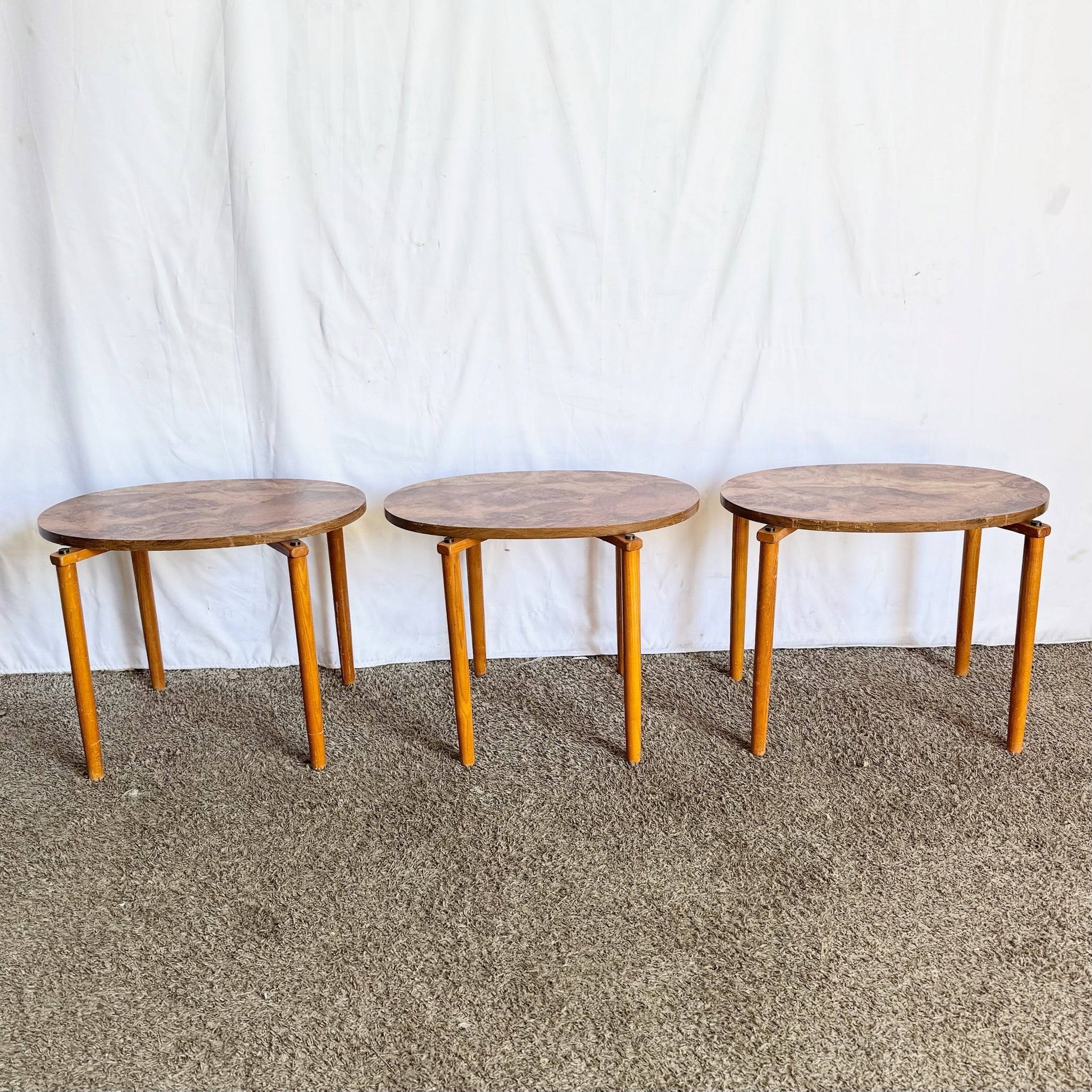 Mid Century Modern Oval Burlwood Laminate Nesting Tables