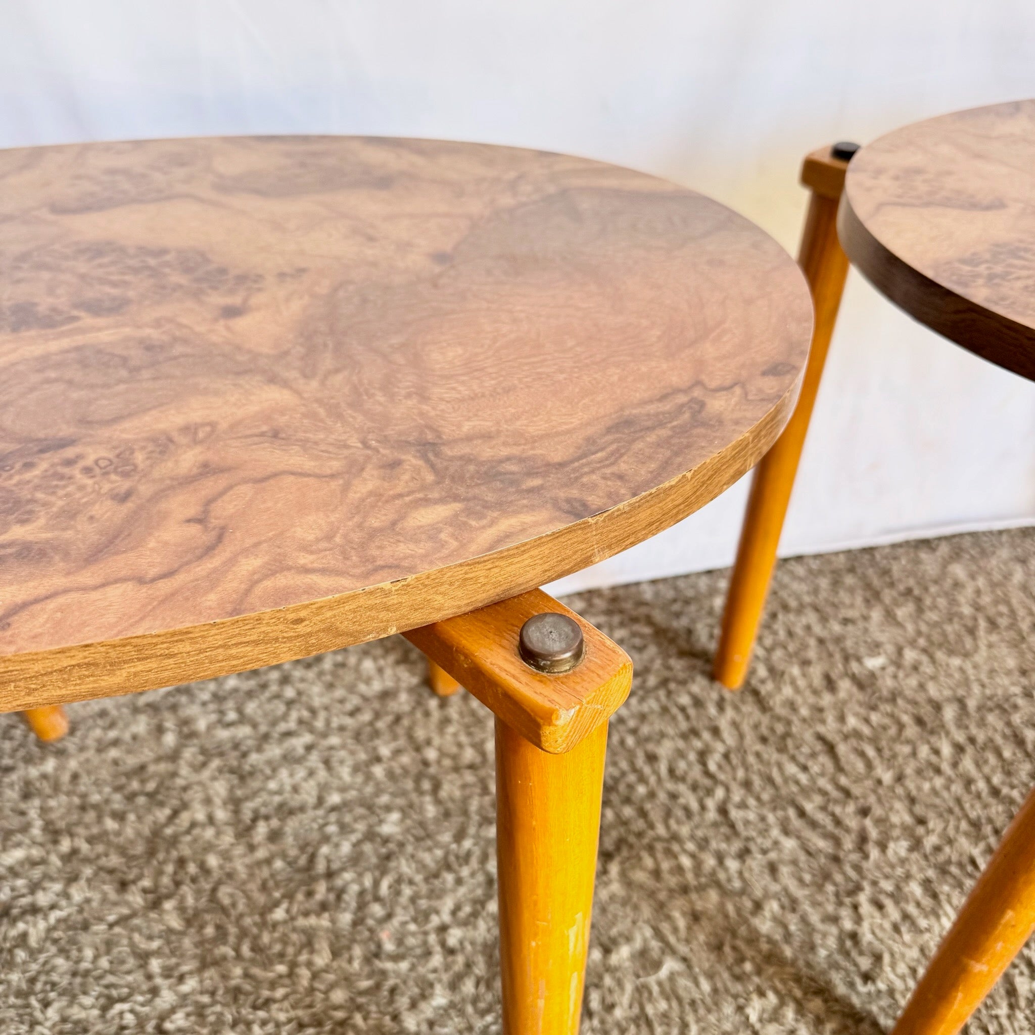 Mid Century Modern Oval Burlwood Laminate Nesting Tables