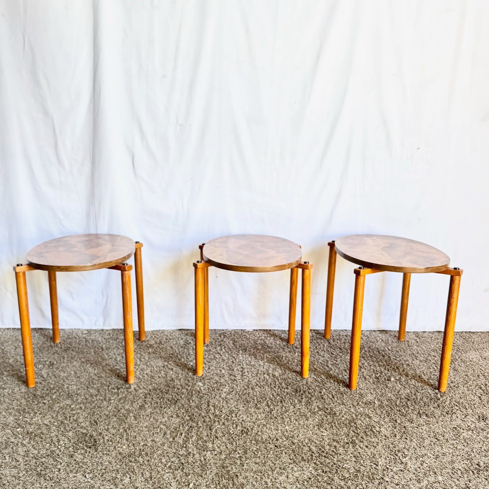 Mid Century Modern Oval Burlwood Laminate Nesting Tables