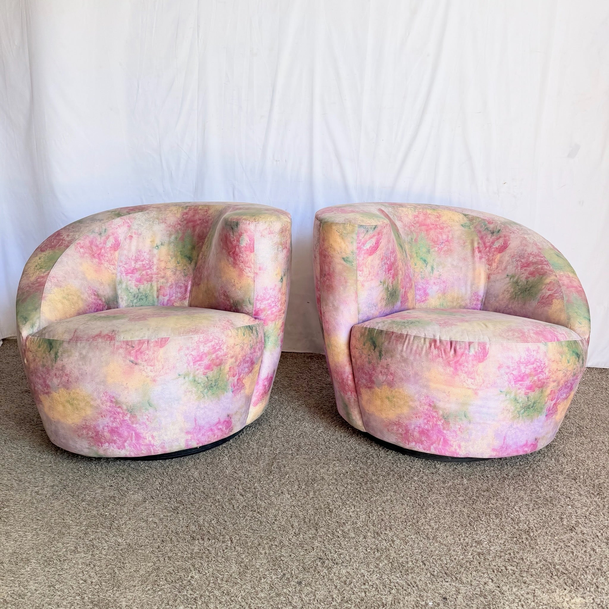 Postmodern Pink Multi Colored Nautilus Swivel Lounge Chairs by Directional - A Pair